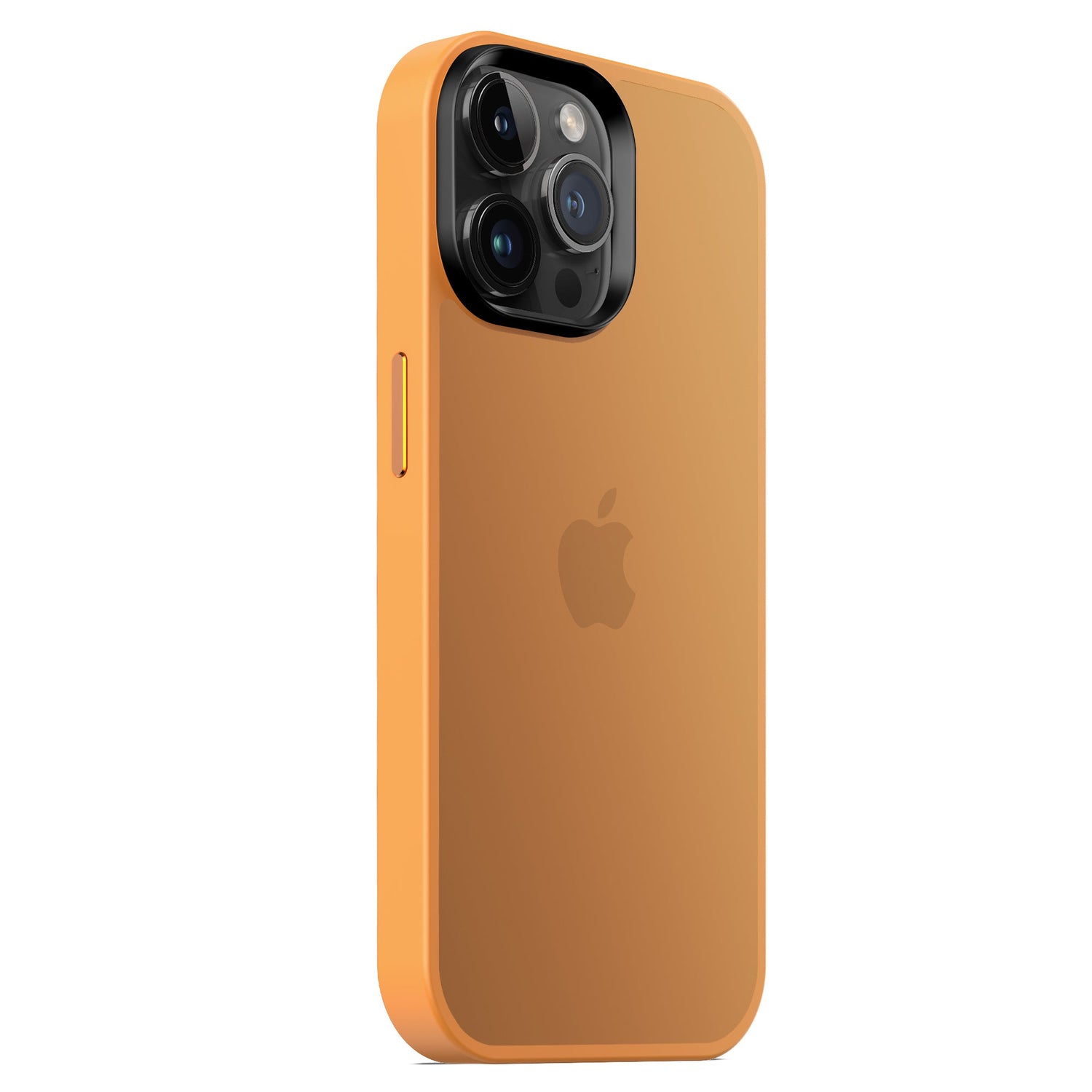 Die MR PROTECT iPhone 15 Pro Hülle Matt von MR PROTECT in Orange aus stoßabsorbierendem TPU-Silikon präsentiert sich vertikal im minimalistischen Matt-Look mit sichtbarem Kamera-Modul und Apple-Logo.