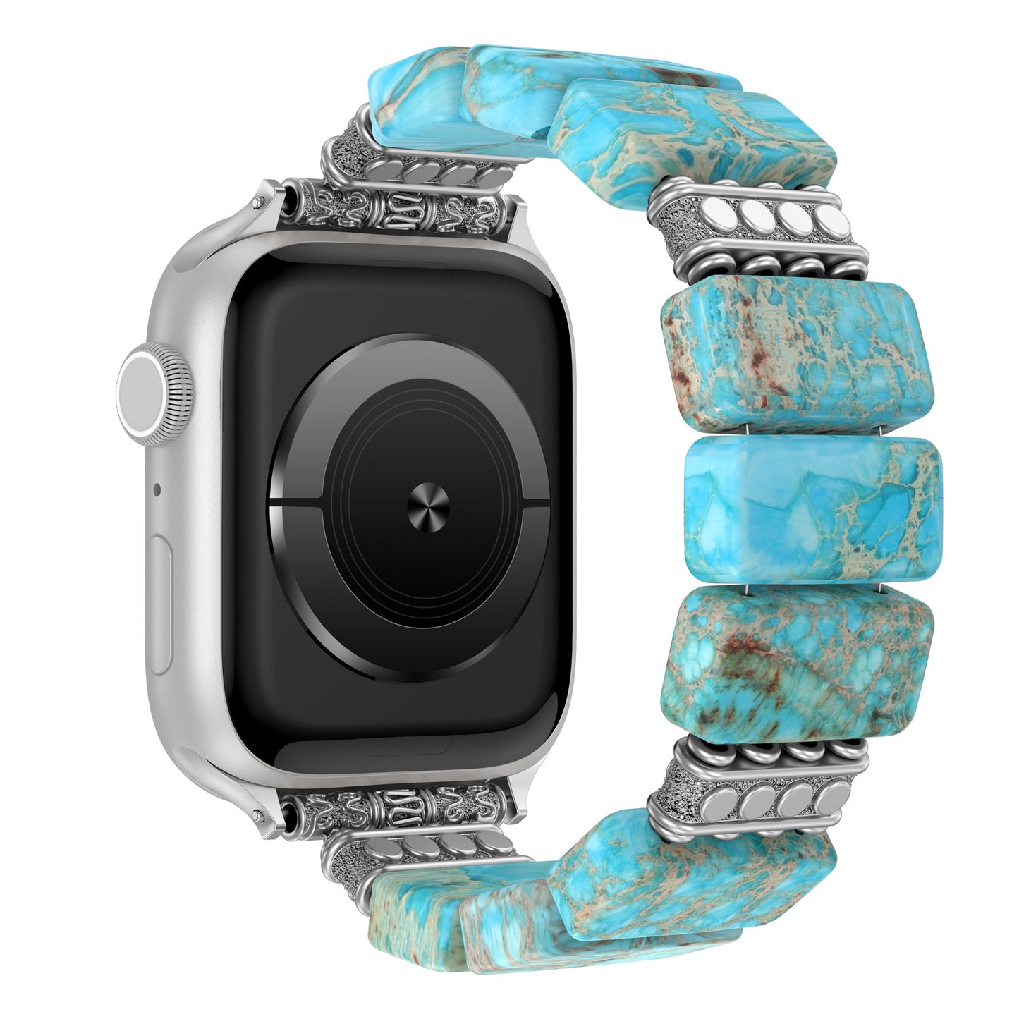 Das arktisband Apple Watch "Stone Loop" ist ein silbernes Smartwatch-Band mit einer klobigen türkisfarbenen Steinschleife und verschnörkelten silbernen Anschlüssen, kompatibel mit der Apple Watch, abgebildet auf weißem Hintergrund.