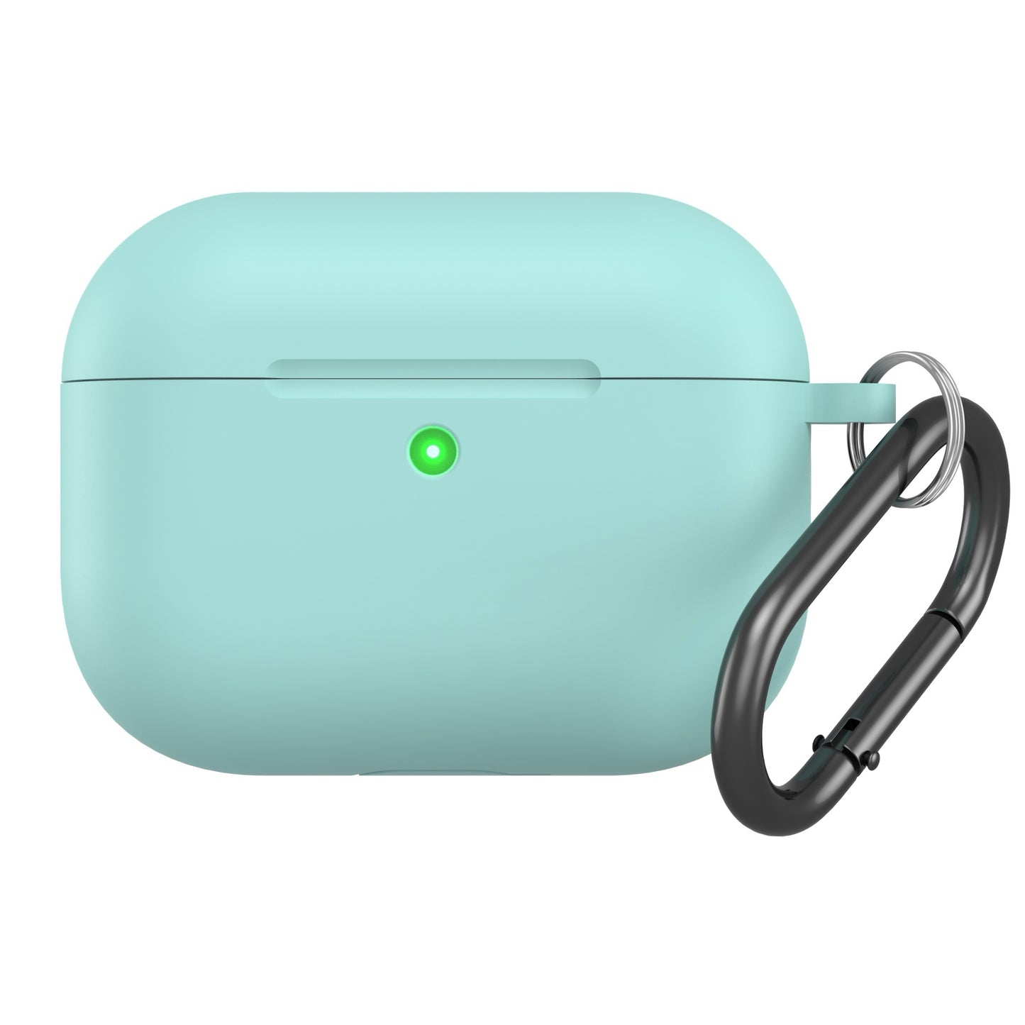 Das arktis AirPods Pro 3 Silikon Case in Hellblau mit grünem Licht und schwarzem Karabiner schützt stoßfest und unterstützt kabelloses Laden.