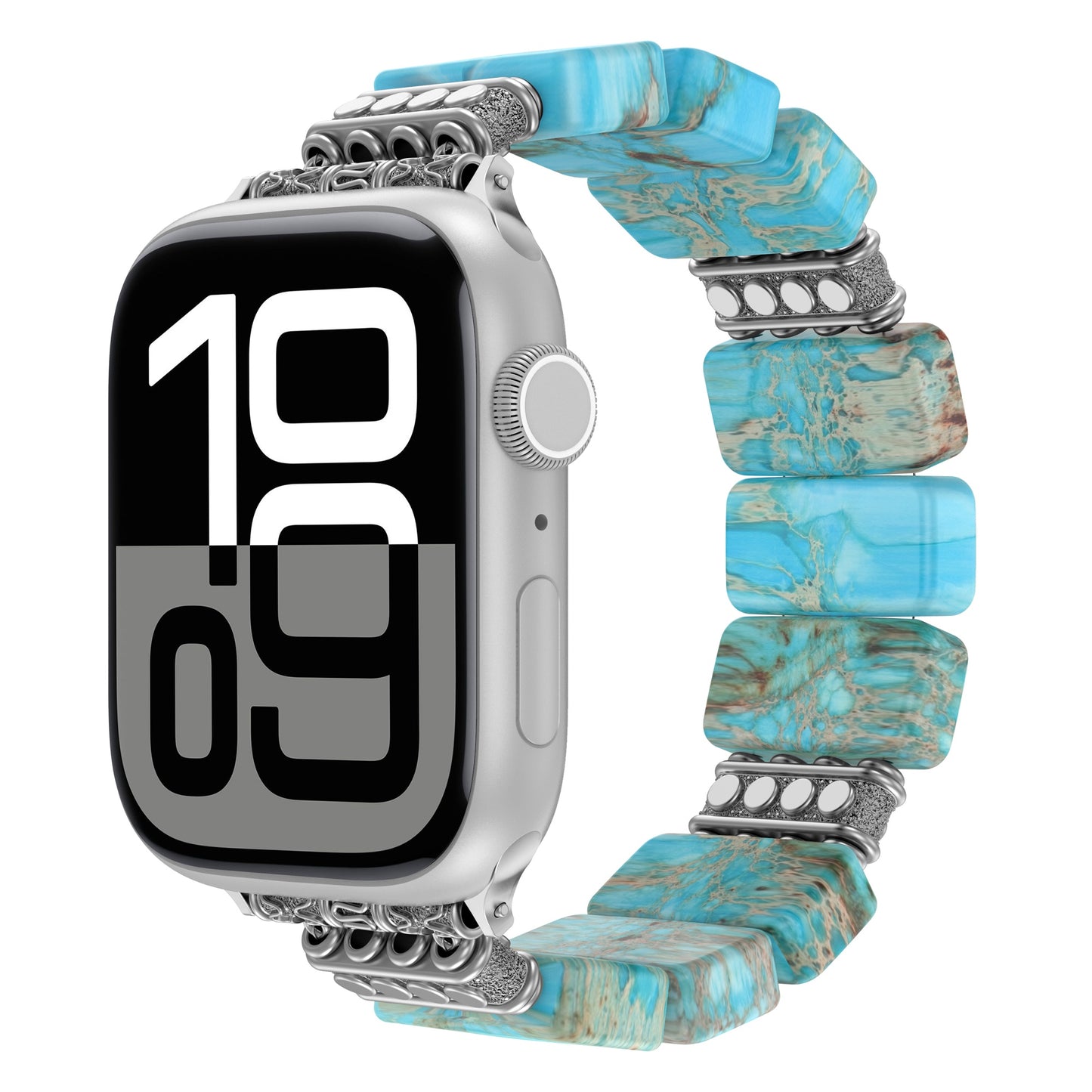Das arktisband Apple Watch "Stone Loop" ist ein silbernes Smartwatch-Band mit türkisfarbenen und silbernen Ziergliedern mit Naturstein-Akzenten; kompatibel mit Apple Watch.