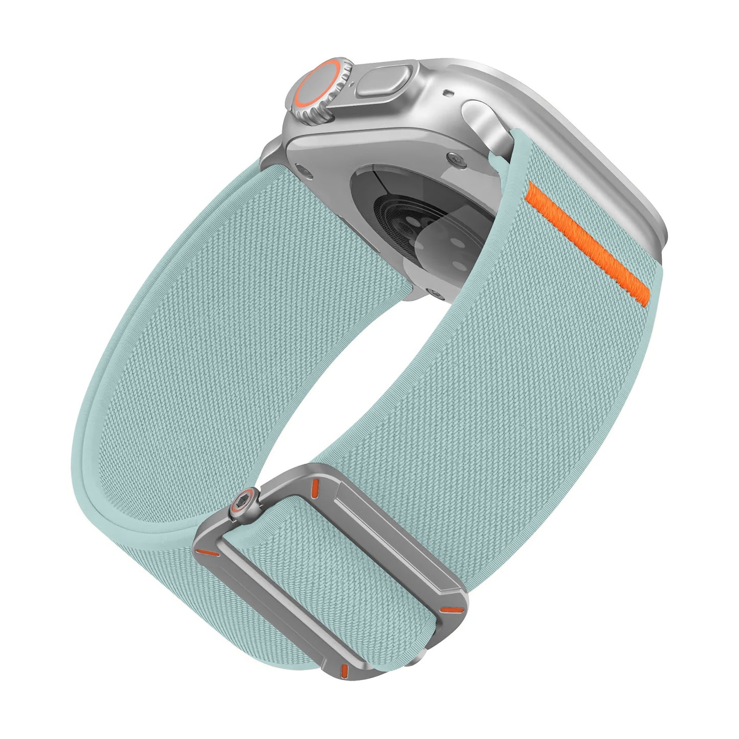 Das arktisband Apple Watch Nylonarmband "FlexOne" von arktisband zeigt eine silberne Smartwatch mit hellblauem Stretch-Nylonarmband und orangefarbenen Akzenten von hinten und von der Seite.