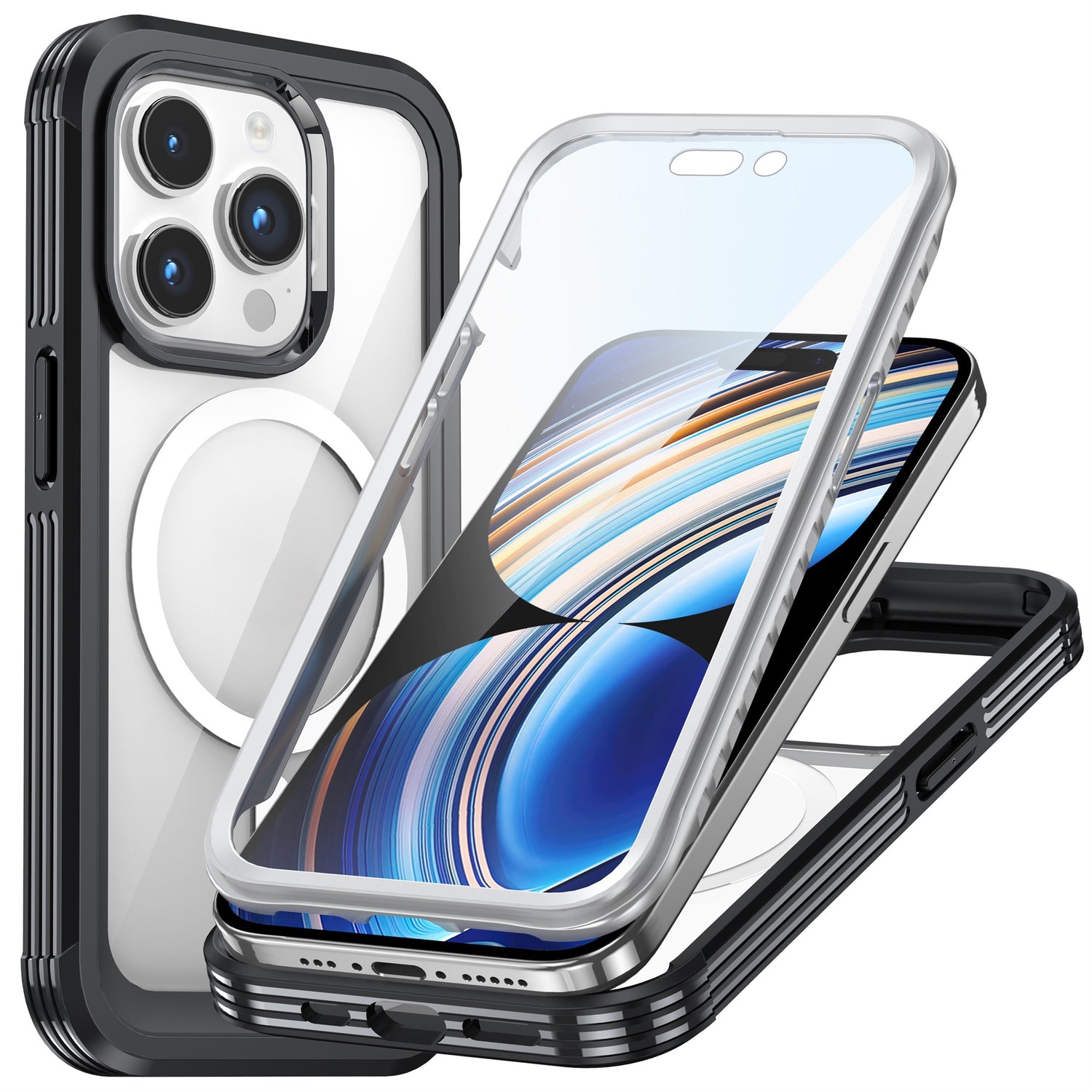 Das arktis iPhone 16 Pro Defender Case, eine robuste, durchsichtige Hülle von arktis für 360°-Schutz, wird aus mehreren Winkeln vor einem weißen Hintergrund angezeigt.