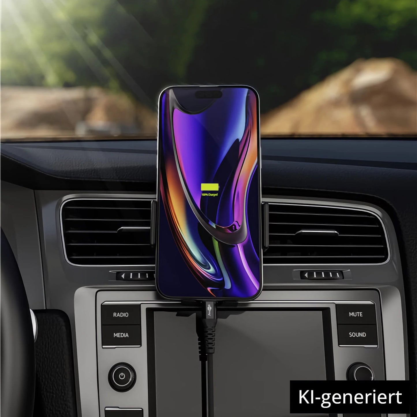 Ein Goobay USB-C auf USB-A Textilkabel mit Metallsteckern lädt ein Smartphone auf der Halterung im Auto, während das digitale Armaturenbrett sichtbar ist. KI-generiert.