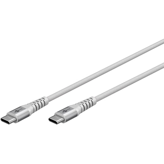 Das Goobay USB-C auf USB-C Textilkabel mit robusten Metallsteckern ist in Weiß gehalten und auf weißem Hintergrund abgebildet. Es eignet sich ideal für schnelle Datenübertragung.