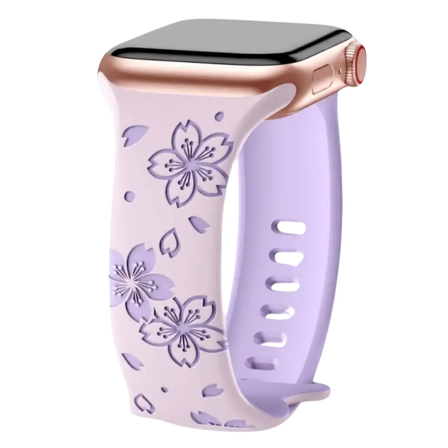 Das arktisband Apple Watch Armband „Flores“ von arktisband passt zu einer Smartwatch in Roségold und verfügt über ein lavendelfarbenes, schweißabsorbierendes Silikonband mit einem lila Kirschblütenmuster und mehreren Einstelllöchern für mehr Komfort.