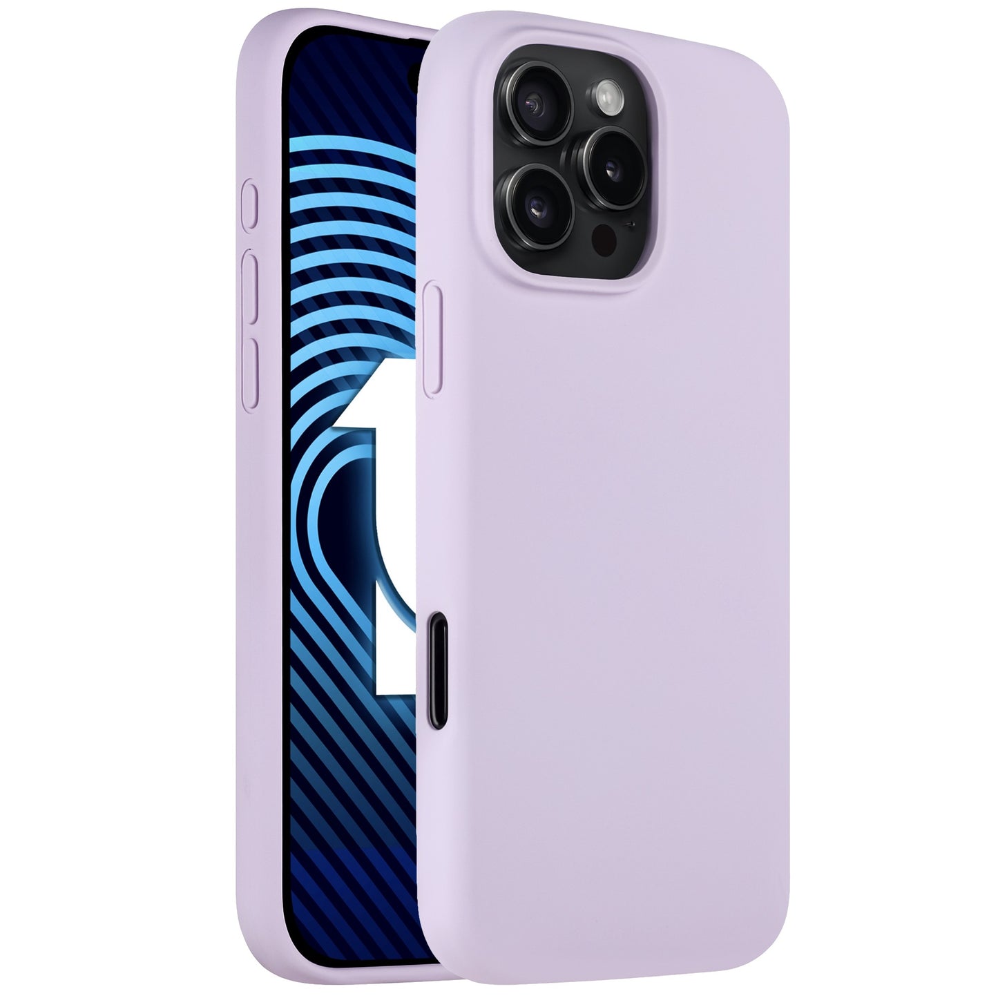 Das Arktis iPhone 16 Pro Max Silikon Case, ein hellviolettes Slim Cover, präsentiert sich auf Vorder- und Rückseite mit einem blau gemusterten Display und unterstützt kabelloses Laden.