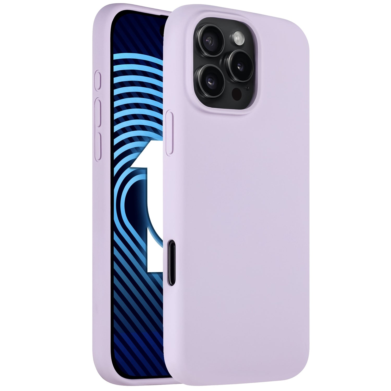 Das Arktis iPhone 16 Pro Max Silikon Case, ein hellviolettes Slim Cover, präsentiert sich auf Vorder- und Rückseite mit einem blau gemusterten Display und unterstützt kabelloses Laden.