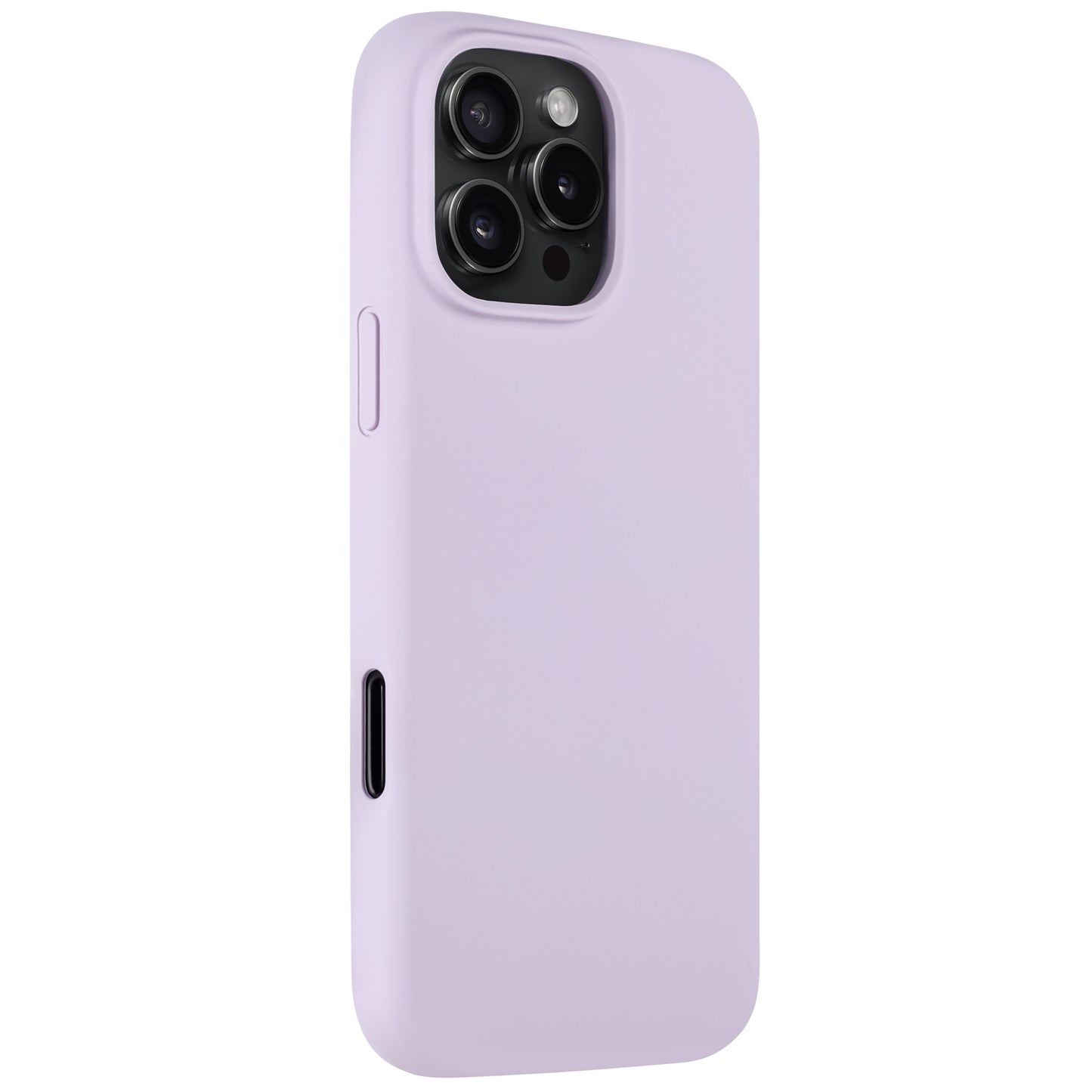 Das Arktis iPhone 16 Pro Max Silikon Case in Hellviolett ist eine schlanke Hülle für das iPhone 16 Pro Max (drei Kameras auf der Rückseite), von hinten abgebildet. Unterstützt kabelloses Laden für den einfachen täglichen Gebrauch.