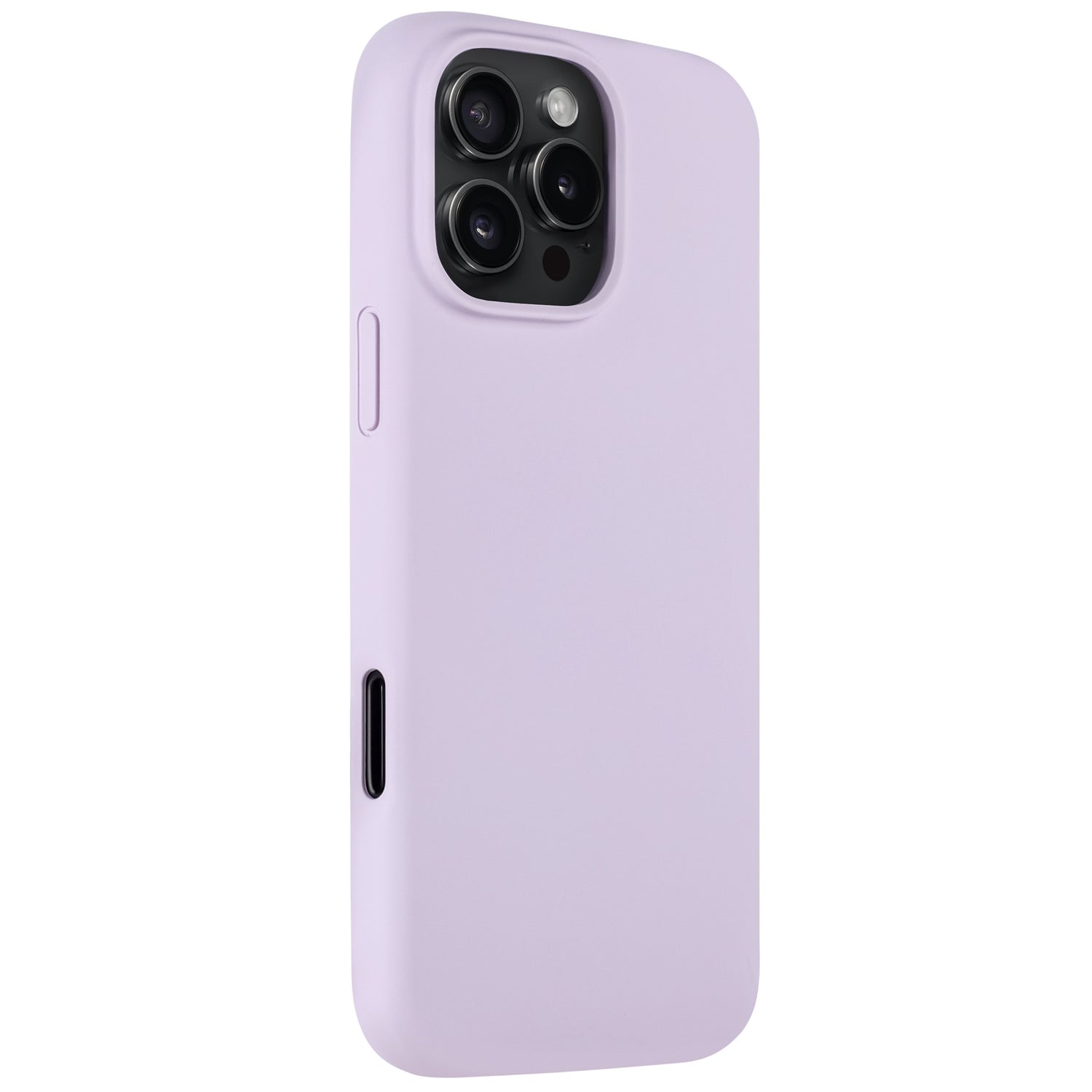Das Arktis iPhone 16 Pro Max Silikon Case in Hellviolett ist eine schlanke Hülle für das iPhone 16 Pro Max (drei Kameras auf der Rückseite), von hinten abgebildet. Unterstützt kabelloses Laden für den einfachen täglichen Gebrauch.