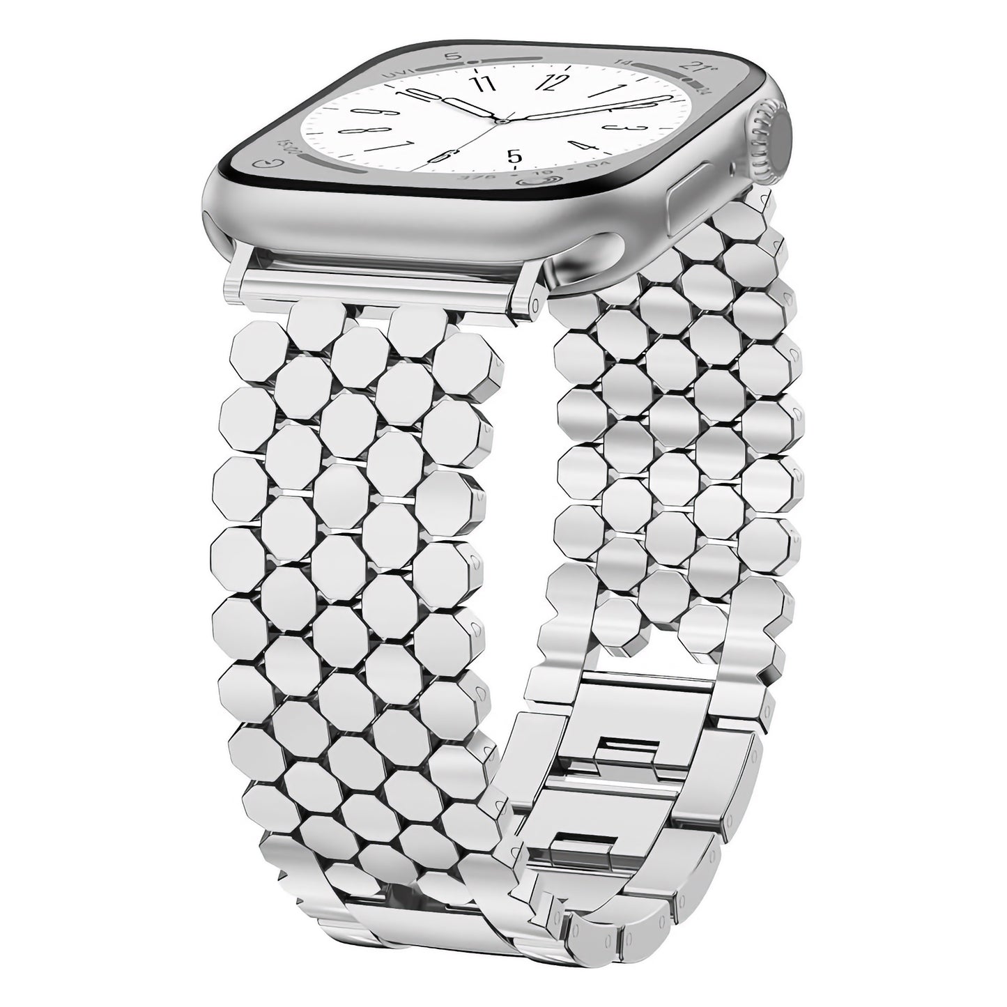 Eine silberne Smartwatch mit weißem Ziffernblatt mit dem arktisband Apple Watch Edelstahl Armband "Polaris" von arktisband, schräg dargestellt.