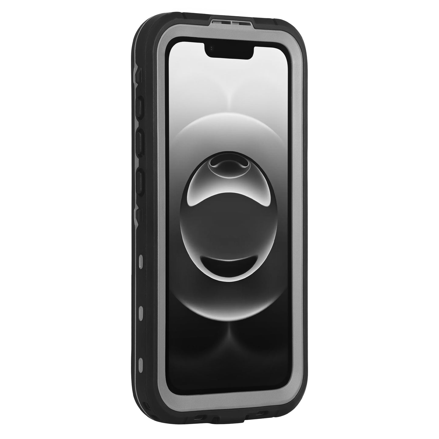 Das arktis iPhone 16e Wasserdichtes Actioncase zeigt ein Smartphone in einem robusten schwarz-grauen, stoßfesten Gehäuse mit dem Bildschirm nach vorne.