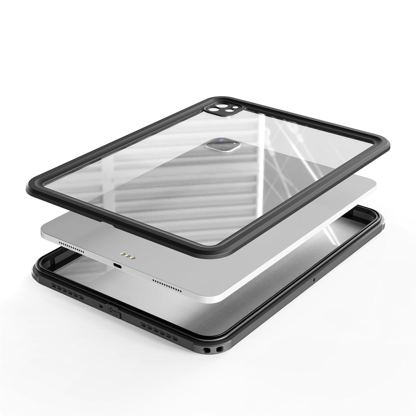 Explosionszeichnung des arktis Wasserdichtes iPad Pro 13" (2024/2025) Case mit klarer Rückseite und schwarzen Rändern, die das arktis IP68 Hülle Design auf dem iPad Pro 13 hervorheben.