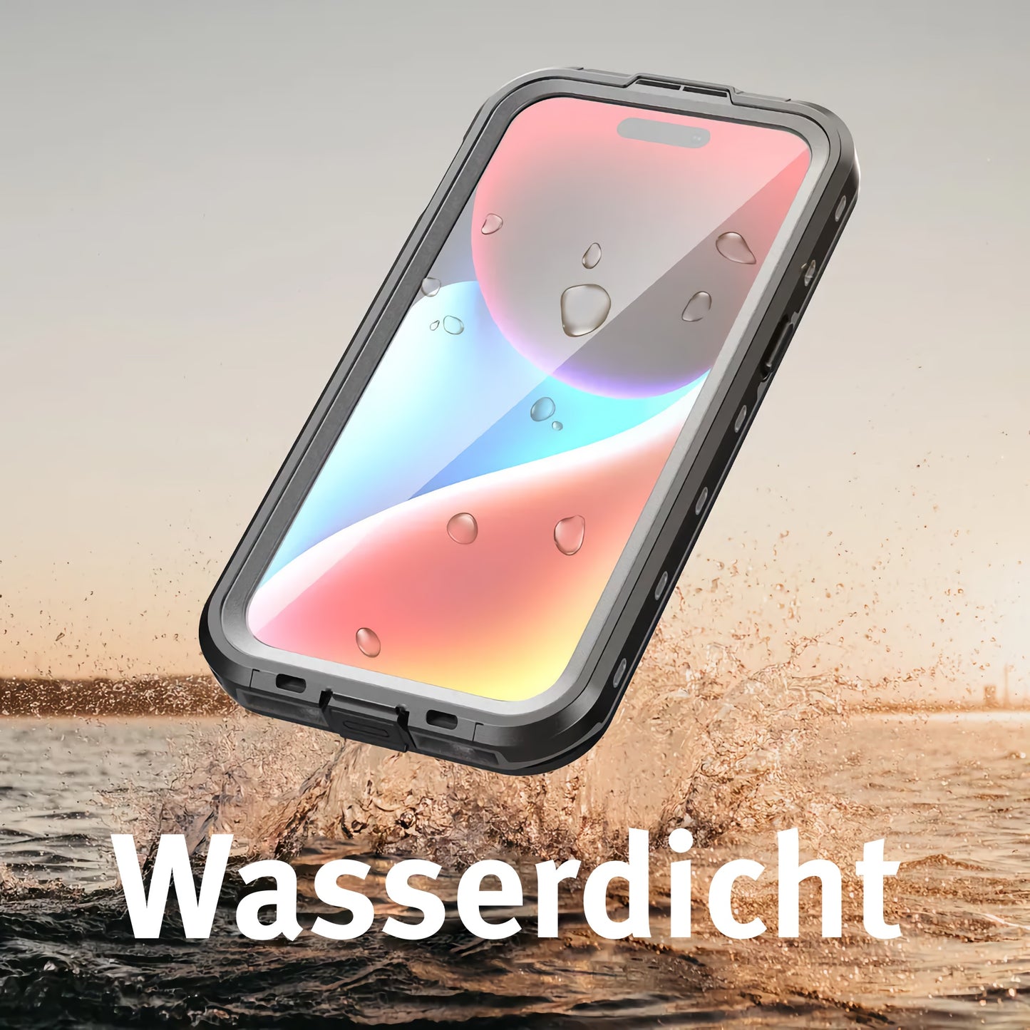 Ein Smartphone im ArktisPRO iPhone 15 Wasserdichtes Actioncase ULTIMATE schwebt über spritzendem Wasser, Tropfen auf dem Display. Der fettgedruckte weiße Schriftzug „Wasserdicht“ unterstreicht die Wasserdichtigkeit nach IP68 des ArktisPRO-Cases.