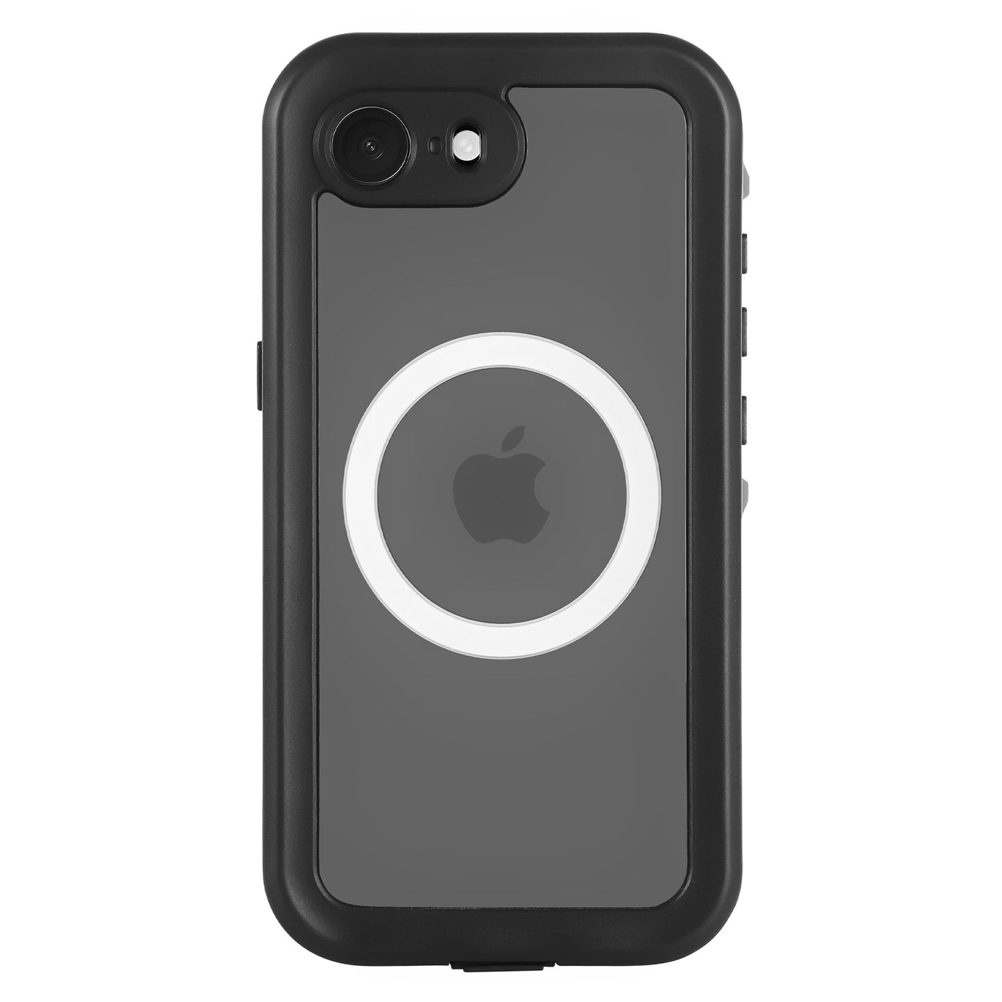 Ein schwarzes iPhone im arktis iPhone 16e Wasserdichtes Actioncase (Marke: arktis) mit Schutzstandard IP68 und sichtbarem MagSafe-Ladering auf der Rückseite.