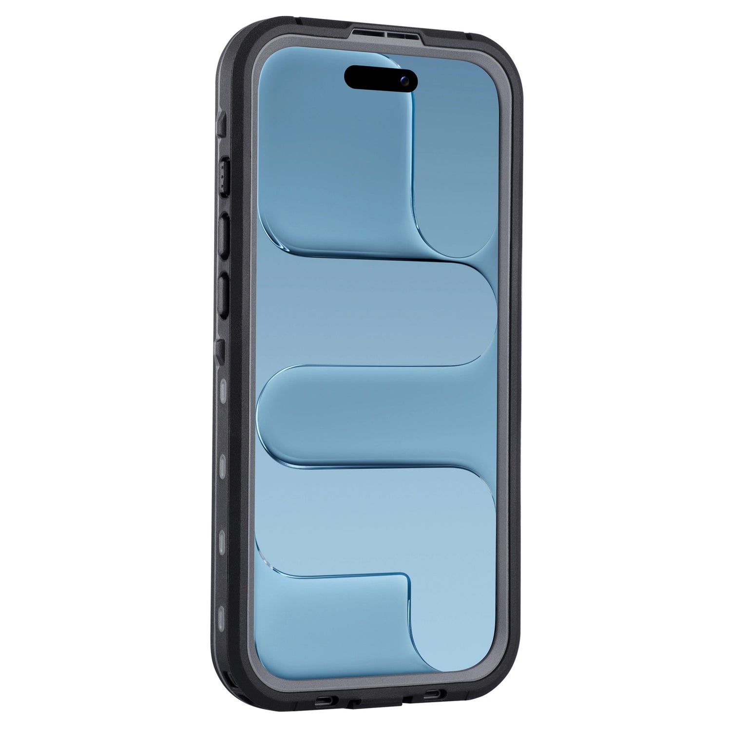 Das arktis iPhone Air Wasserdichtes Actioncase von arktis ist in robustem Schwarz (IP68), stoßfest, mit einem blauen abstrakten Wellenmuster auf dem Smartphone-Display zu sehen.