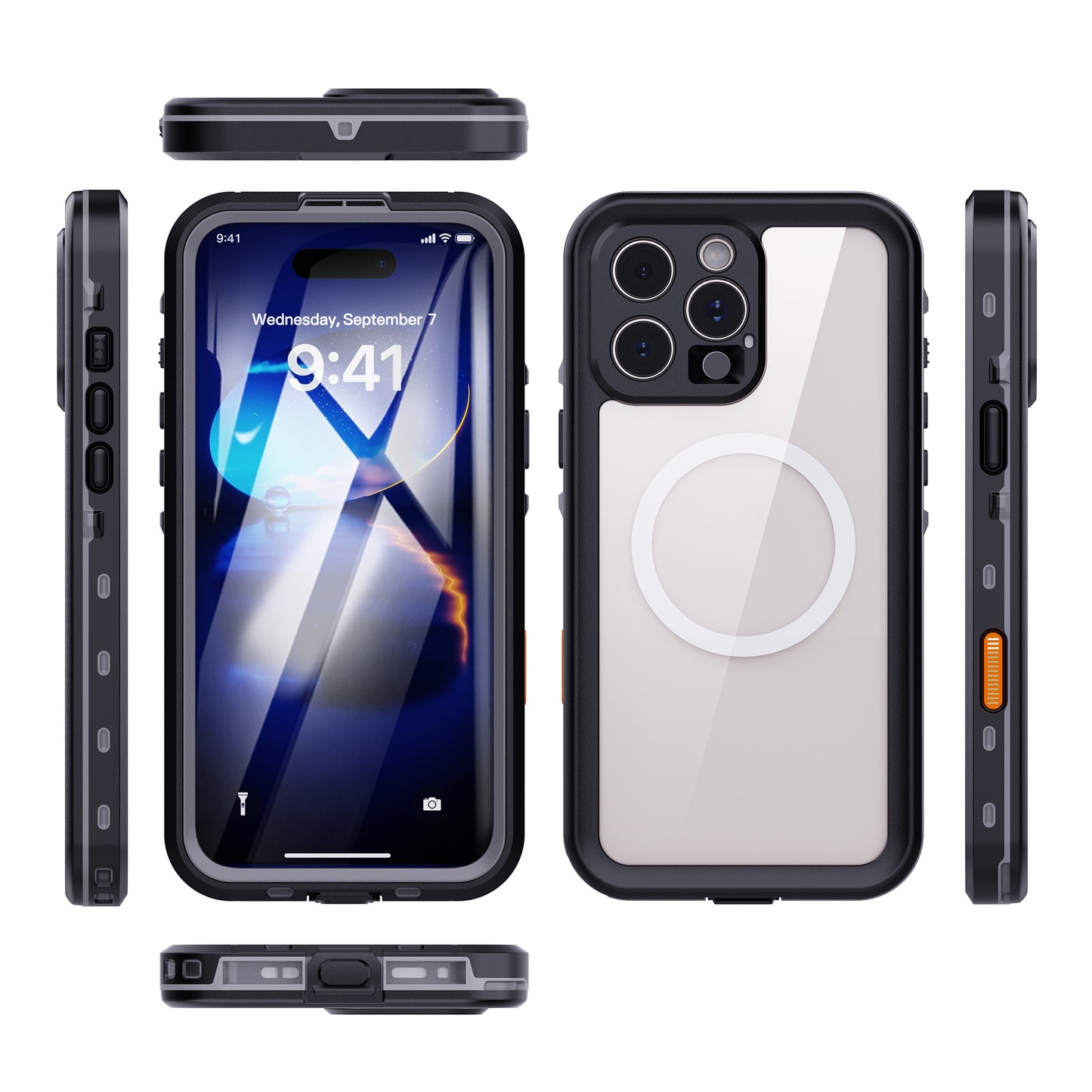 Das arktis iPhone 16 Pro Max Wasserdichtes Actioncase von arktis ist ein robustes, schwarzes Case mit MagSafe Ring, IP68-zertifiziert und stoßfest, gezeigt aus mehreren Blickwinkeln am iPhone.