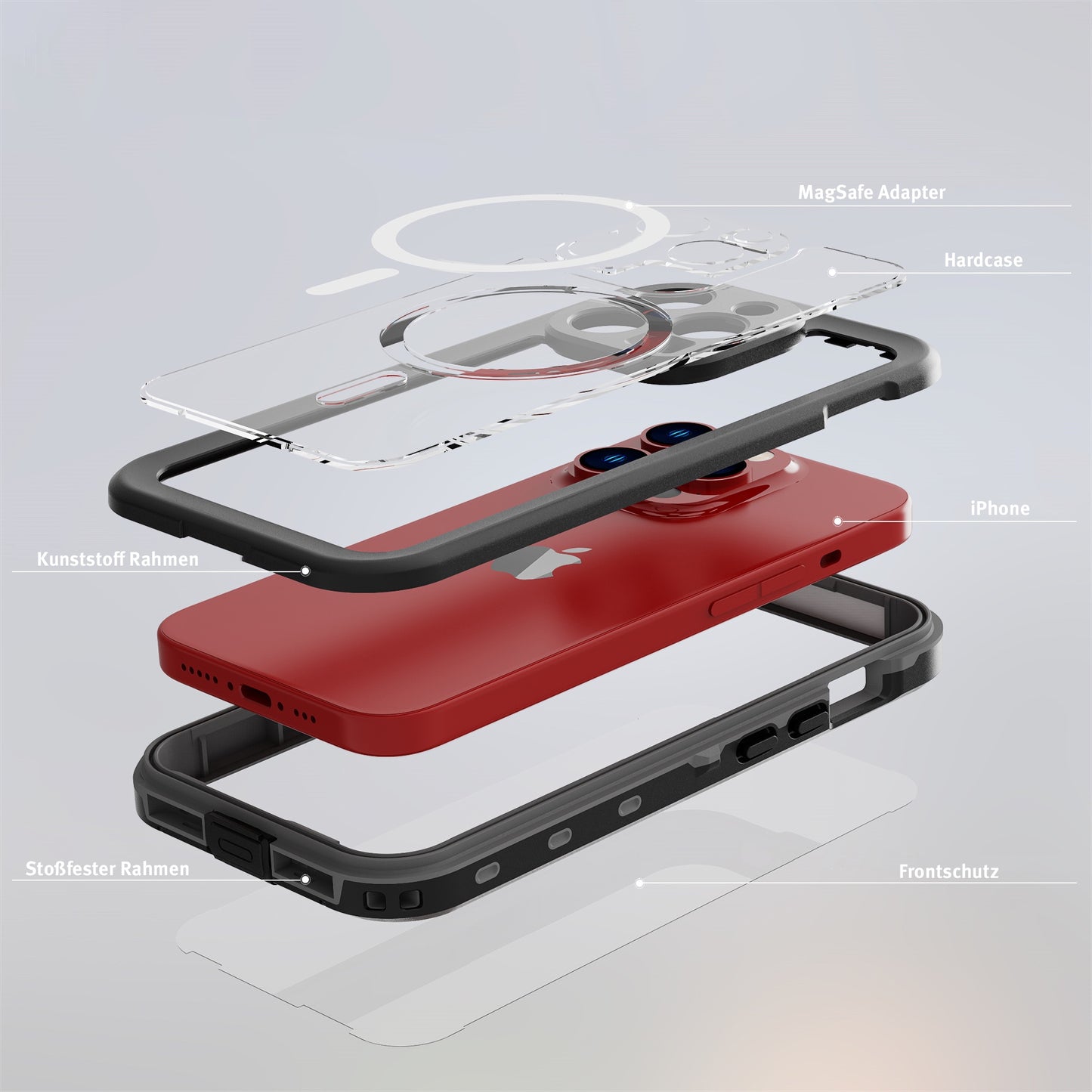 Eine Explosionsansicht des wasserdichten Actioncase für das arktis iPhone 16 Pro zeigt beschriftete Komponenten: das wasserdichte MagSafe-kompatible arktis-Case, ein rotes iPhone, einen Kunststoffrahmen, einen stoßfesten Rahmen und einen transparenten Displayschutz.