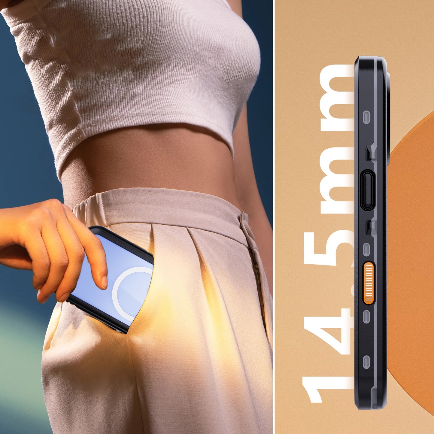 Eine Person schiebt das arktis iPhone 16 Plus Wasserdichtes Actioncase, eine schlanke und stoßfeste Handyhülle von arktis mit einer Dicke von 14,5 mm, in ihre Tasche.