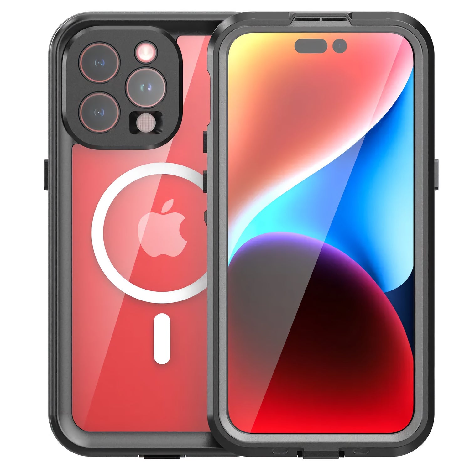 Zwei schwarze ArktisPRO iPhone 15 Pro Max Smartphones – eines mit Bildschirm, eines mit der roten Rückseite mit Apple-Logo – werden beide durch das ArktisPRO iPhone 15 Pro Max Wasserdichtes Actioncase ULTIMATE (IP68-zertifiziert) geschützt.