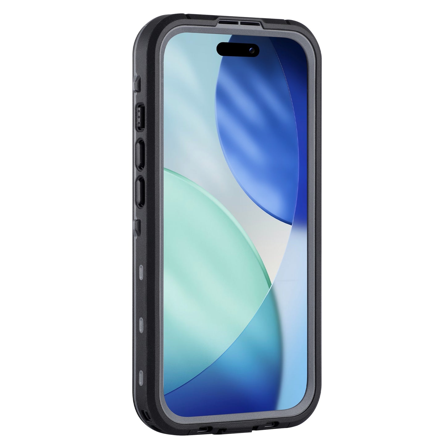 Ein arktis iPhone 17 Pro Wasserdichtes Actioncase von arktis in robustem Schwarz mit IP68 Schutz, abgebildet von vorne und leicht links.