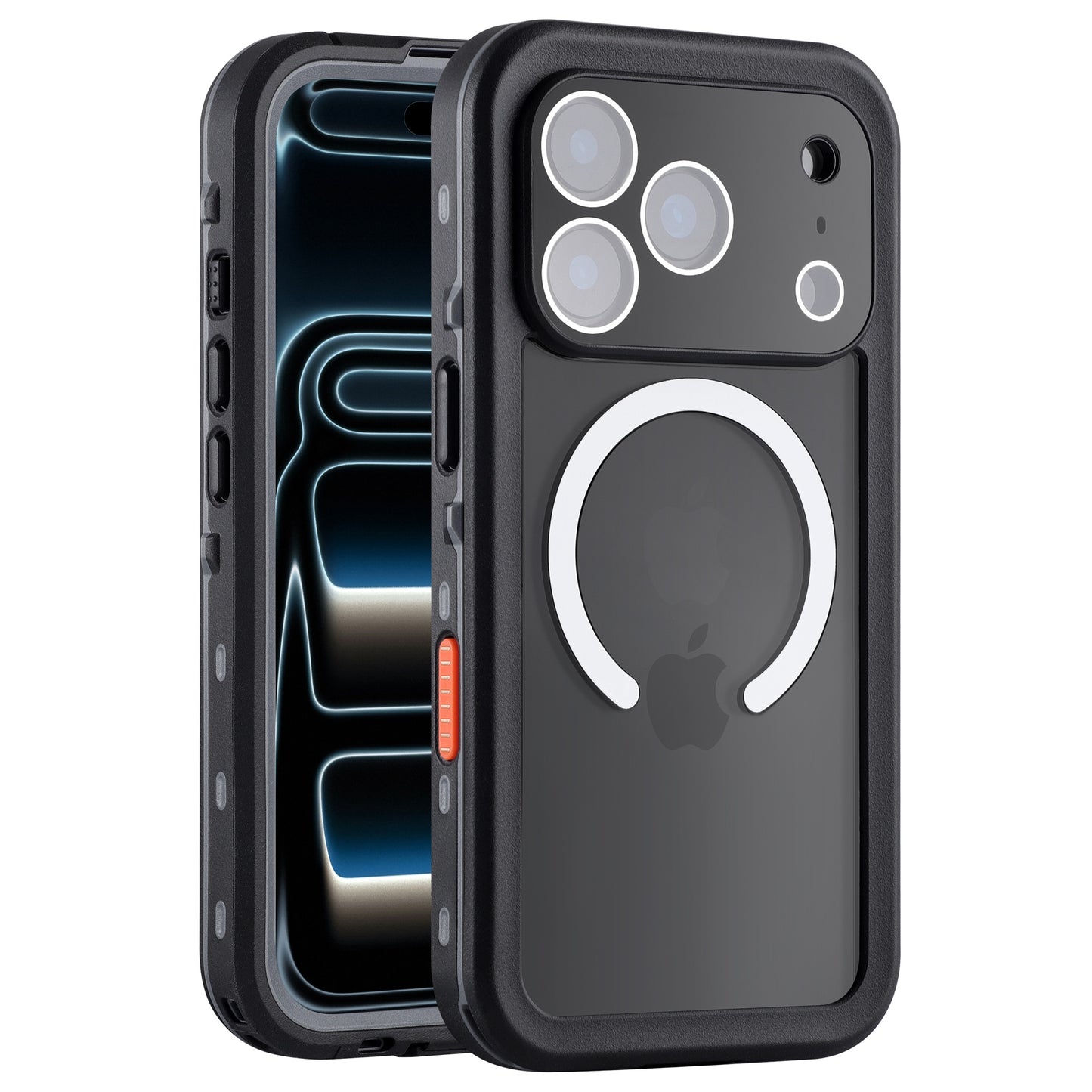 Ein arktis iPhone 17 Pro Wasserdichtes Actioncase in schwarz mit MagSafe Ring, abgebildet auf der Vorder- und Rückseite des iPhone 17 Pro.