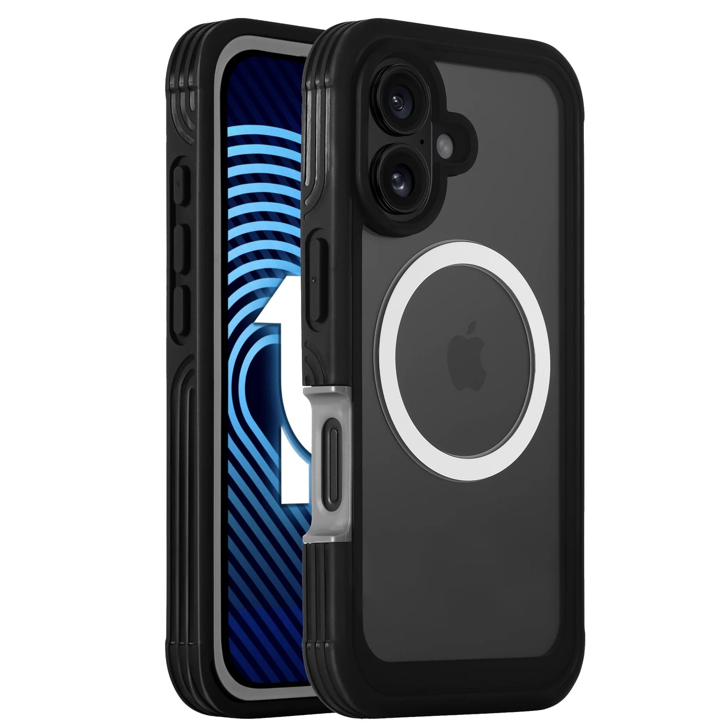 Das arktis iPhone 16 Defender Case von arktis verfügt über ein schwarzes Design mit MagSafe-Ring, 360-Grad-Schutz und Displaymembran, dargestellt auf einem Telefon mit blau-weißem Bildschirm.