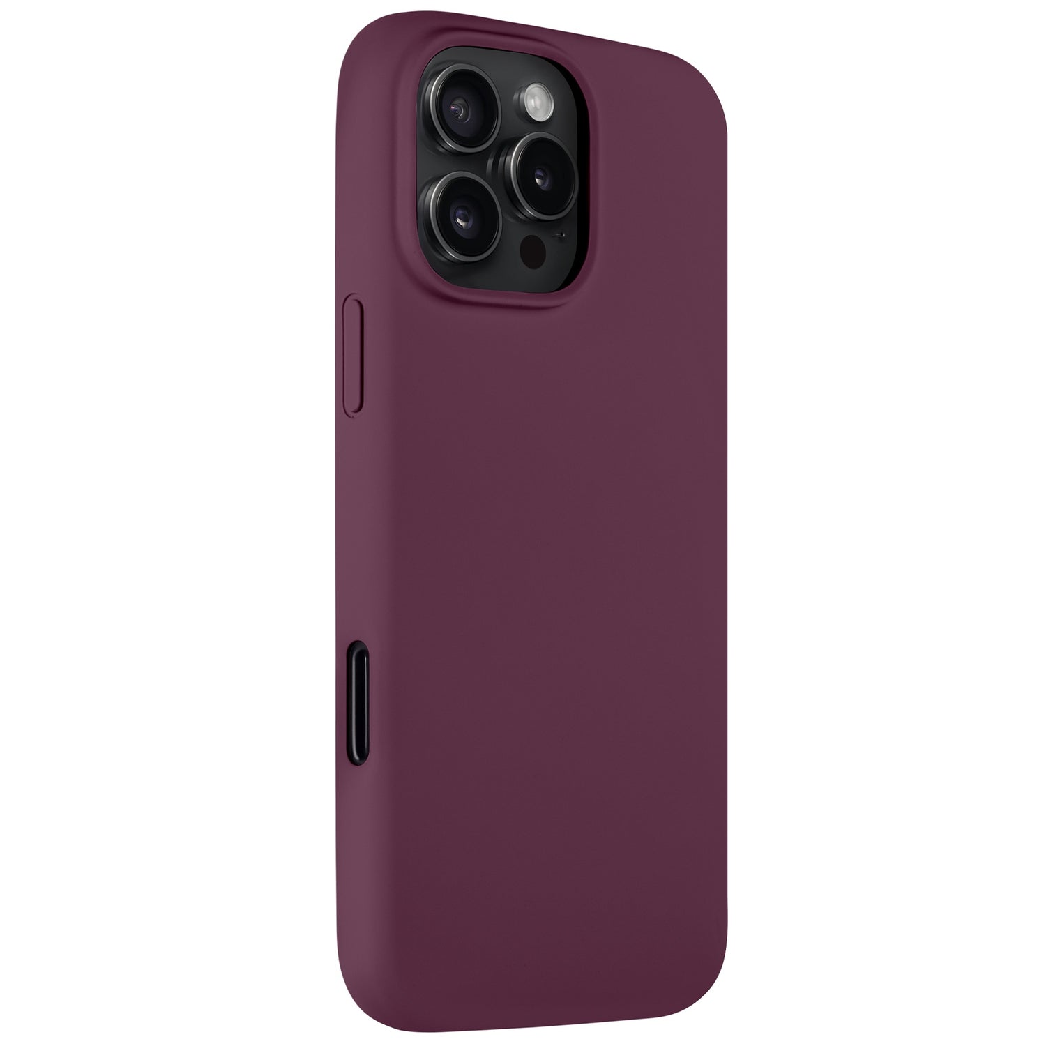 Das Arktis iPhone 16 Pro Max Silikon Case in Dunkelviolett passt für das iPhone 16 Pro Max mit drei rückseitigen Kameras, ist von hinten zu sehen und unterstützt kabelloses Laden.