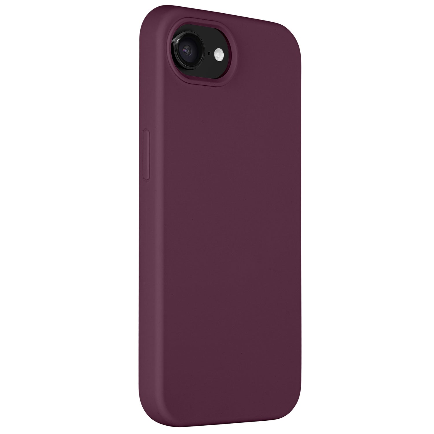 Eine dunkelviolette Arktis iPhone 16e Silikonhülle von Arktis ist auf einem iPhone 16e abgebildet. Die matte Oberfläche bedeckt die Seiten und die Rückseite, die der Kamera zugewandt ist. Das Objektiv ist oben links sichtbar und kabelloses Laden wird unterstützt.