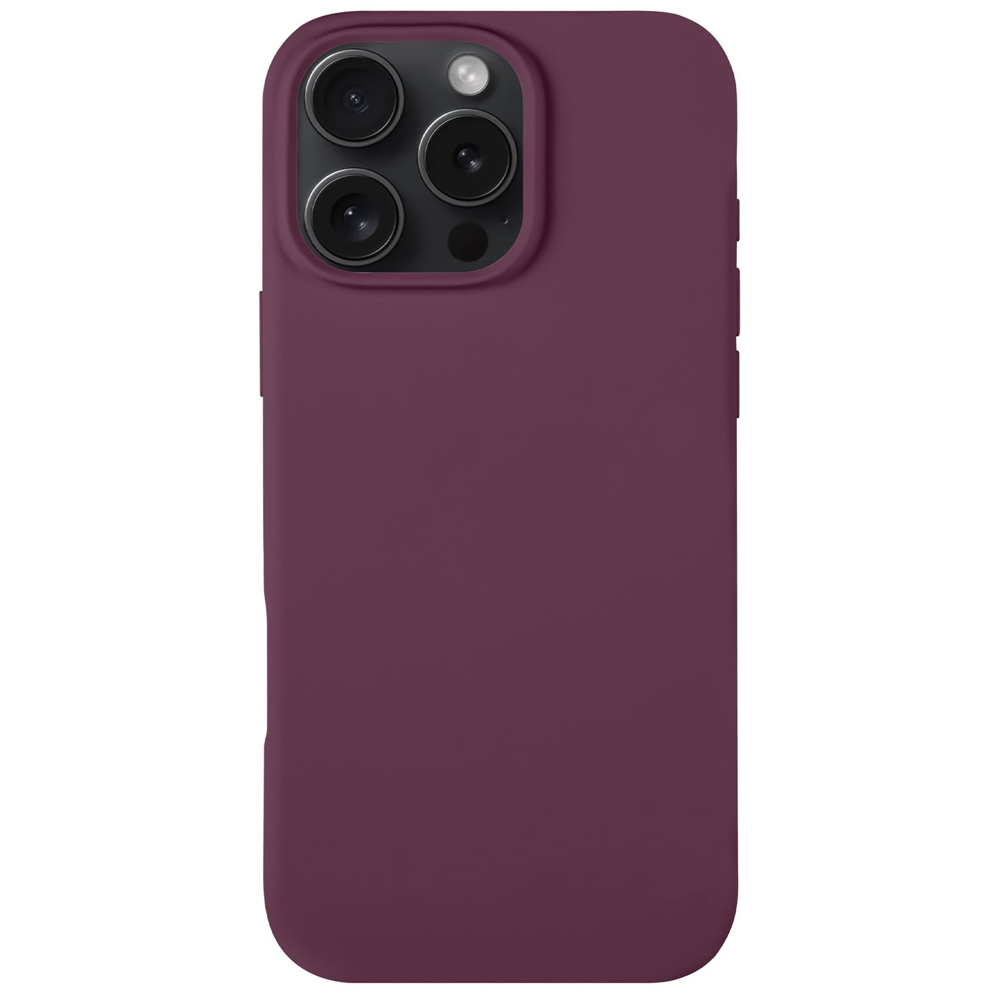 Das Arktis iPhone 16 Pro Silikon Case von Arktis im schlanken, matten Burgunder-Design bedeckt die Seiten und die Rückseite, lässt die drei Kameraobjektive und den Blitz frei und unterstützt kabelloses Laden.