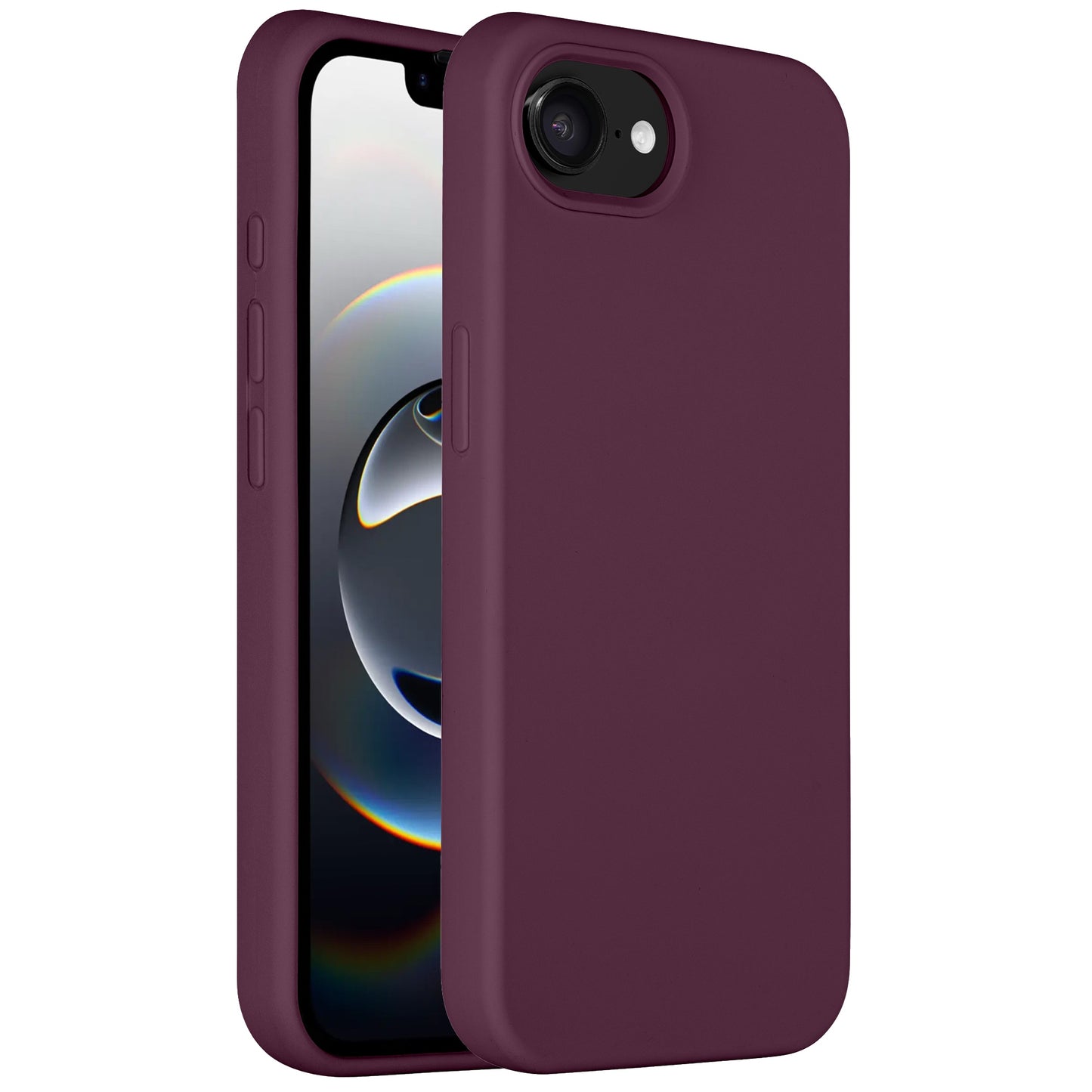 Ein iPhone 16e in einer Arktis arktis iPhone 16e Silikonhülle mit einem schlanken dunkelvioletten Silikondesign wird von vorne und hinten gezeigt, mit einem Bildschirm, der ein kreisförmiges Muster und eine Kamerakerbe aufweist.