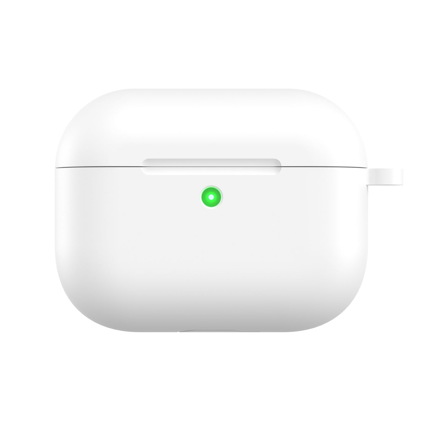 Das arktis AirPods Pro 3 Silikon Case ist eine weiße Silikonhülle mit einer grünen Anzeige auf der Vorderseite, die von arktis für das kabellose Laden entwickelt wurde.