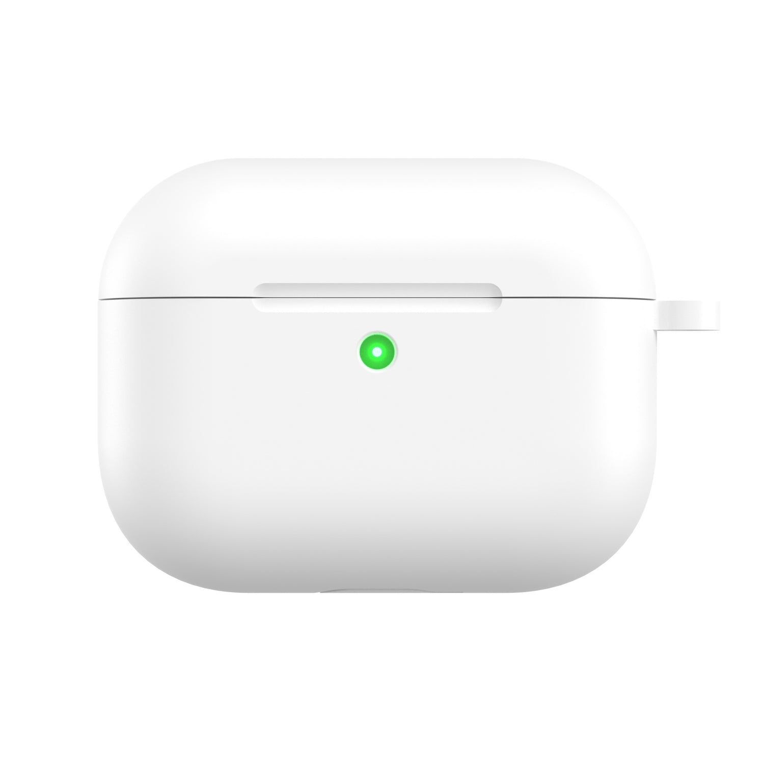 Das arktis AirPods Pro 3 Silikon Case ist eine weiße Silikonhülle mit einer grünen Anzeige auf der Vorderseite, die von arktis für das kabellose Laden entwickelt wurde.