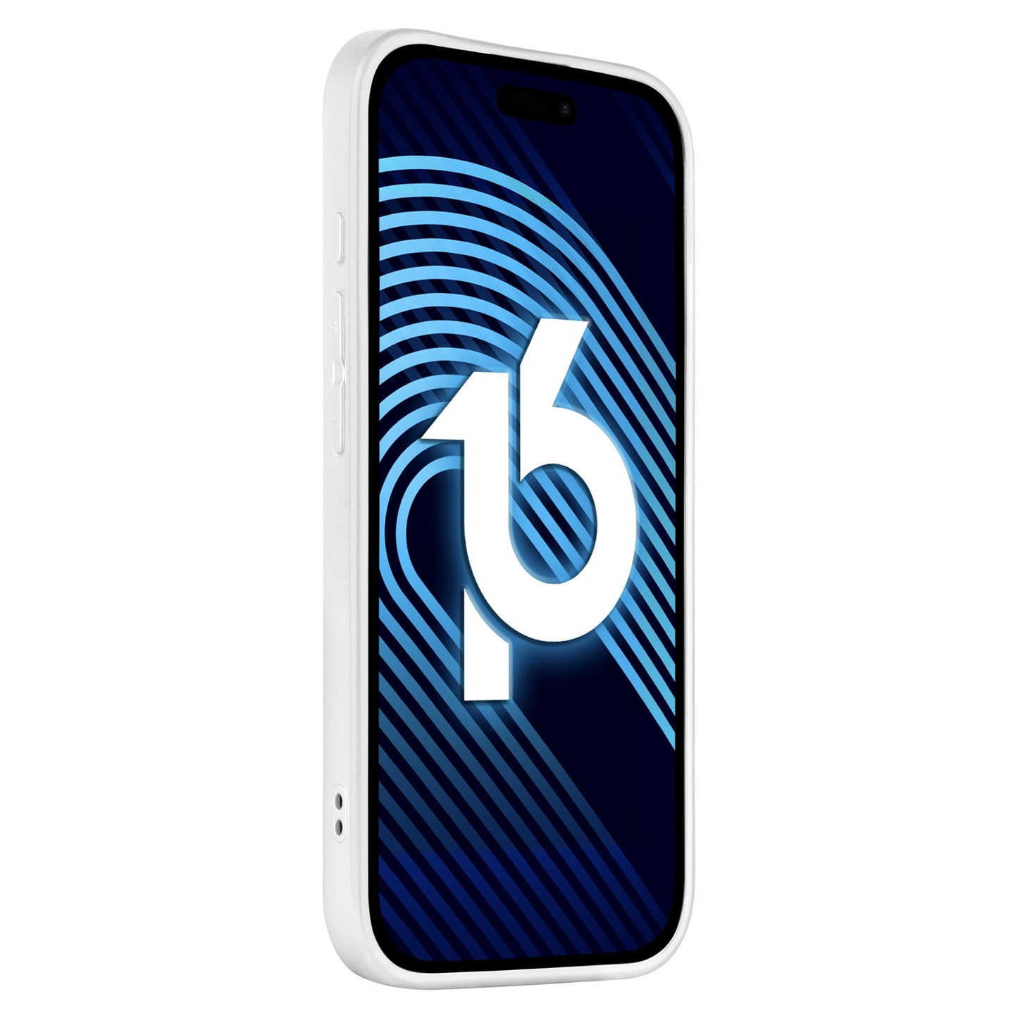 Weißes Smartphone mit blauem Bildschirm, auf dem eine fette „16“ und geschwungene Linien zu sehen sind, ausgestattet mit dem arktis iPhone 16 Plus Tech Case von arktis, inklusive integriertem Kameraschutz für zusätzlichen Schutz.