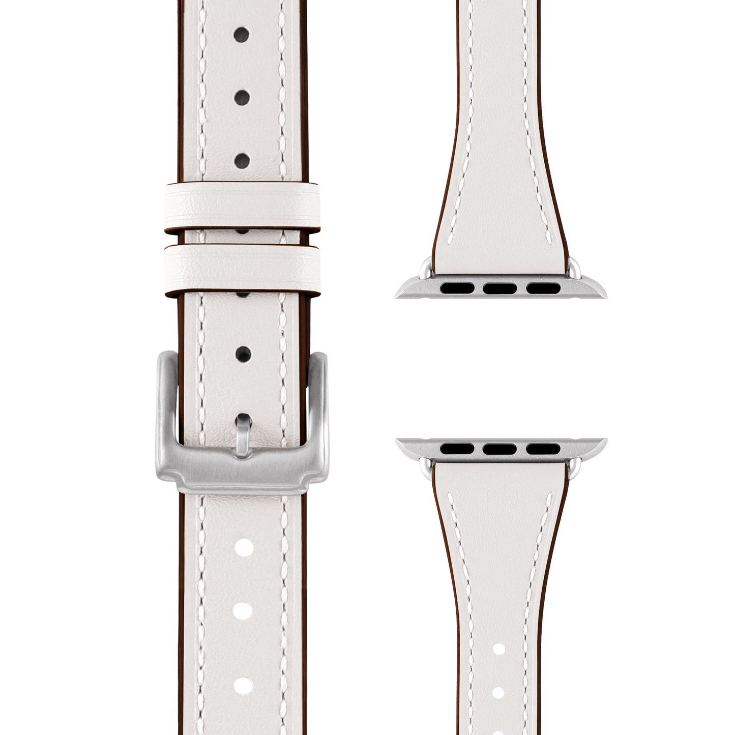Arktisband Apple Watch Lederarmband „Napoli“ aus echtem Leder in Weiß, mit silberner Schnalle und Adaptern. Minimalistischer Look: braune Kanten, weiße Nähte, mehrere Verstelllöcher. Gezeigt aus Vorder- und Seitenansicht.