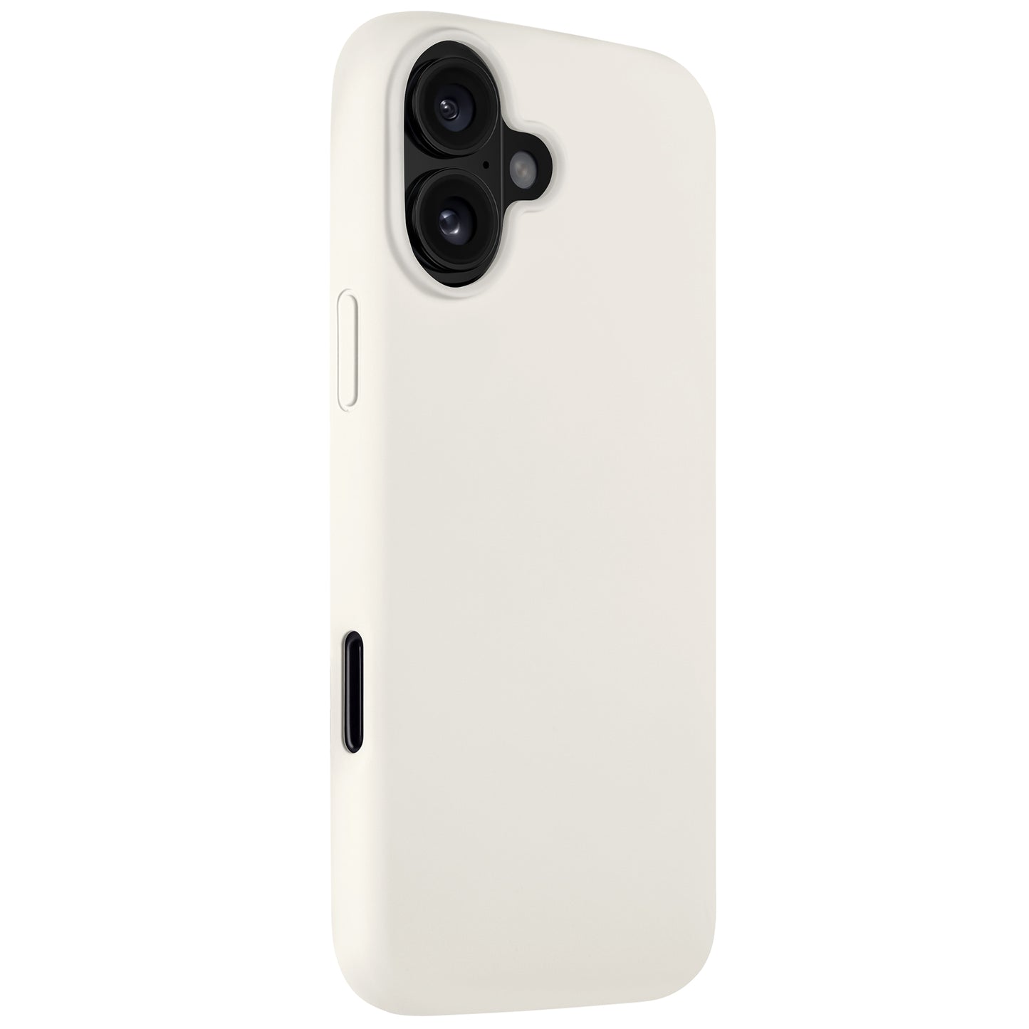 Das arktis iPhone Air Silikon Case in Weiß verfügt über präzise Kameraausschnitte und wird von hinten schräg dargestellt. Diese Hülle von arktis unterstützt kabelloses Laden für maximalen Komfort.