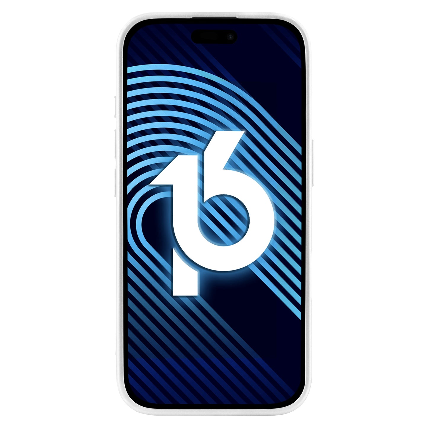 Ein arktis iPhone 16 Pro Tech Case von arktis wird auf einem Smartphone mit blauem Hintergrund mit geschwungenen und diagonalen hellblauen Linien und einer großen weißen Zahl 16 in der Mitte angezeigt.