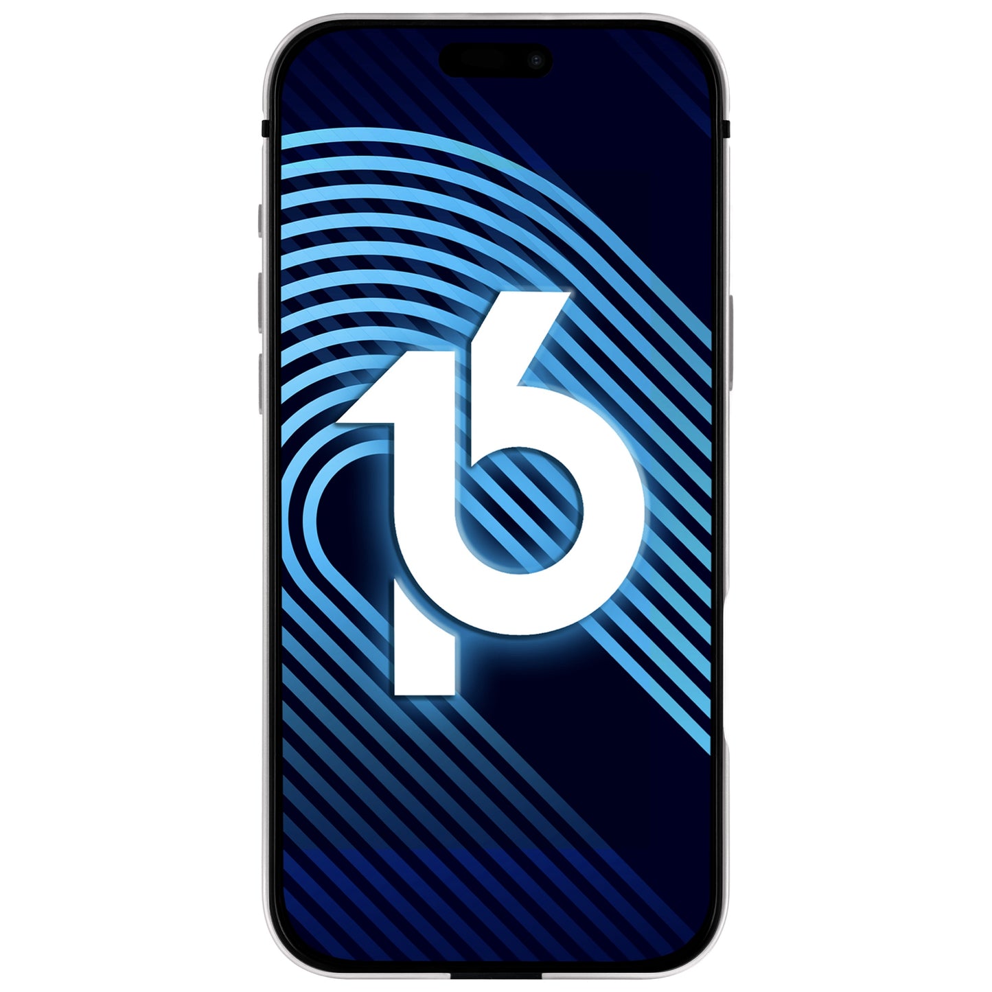 Das arktis iPhone 16 Pro Case Avantgarde von arktis verfügt über eine fette 16 auf dunkelblauem Hintergrund mit hellblauen Kurven, eine Anti-Fingerabdruck-Rückplatte und einen schlanken Aluminiumrahmen.
