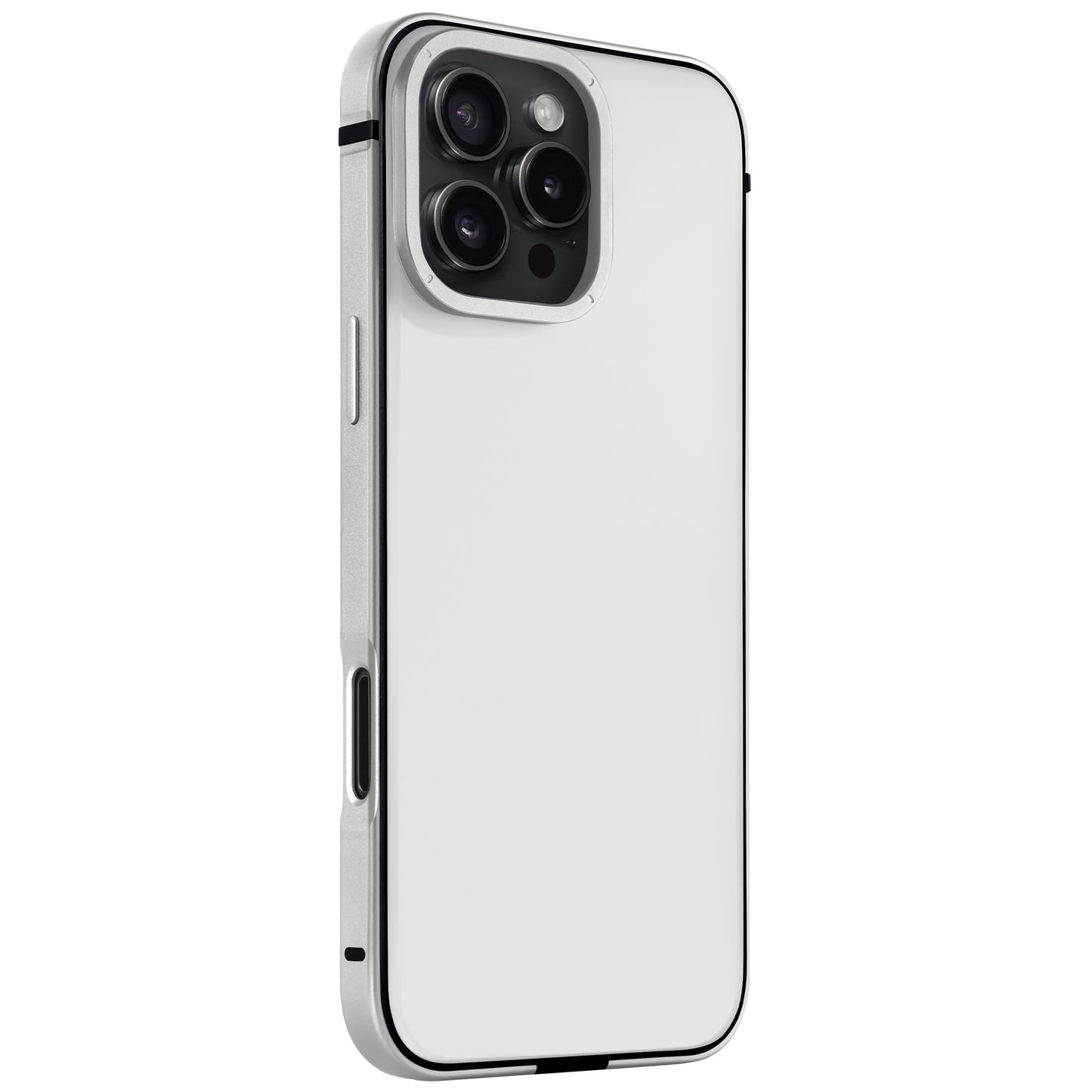 Das arktis iPhone 16 Pro Case Avantgarde verfügt über ein silbernes Finish, einen Aluminiumrahmen, ein weißes Gehäuse, eine Aussparung für eine Dreifach-Kamera auf der Rückseite, eine Blitzöffnung und eine Anti-Fingerabdruck-Rückseite – ideal für alle, die sich Premium-Schutz von arktis wünschen.
