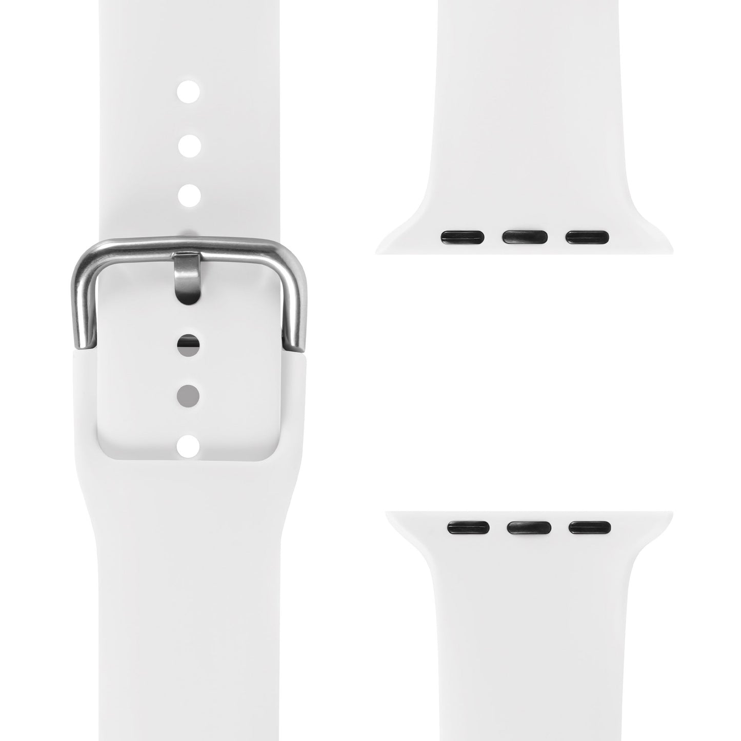 Nahaufnahme des arktisband Apple Watch Silikonarmbands "Aqua" in Weiß mit silberner Schnalle, verstellbaren Löchern und passenden Enden für die Apple Watch. Ideal für einen aktiven Lebensstil und kompatibel mit allen Apple Watches.