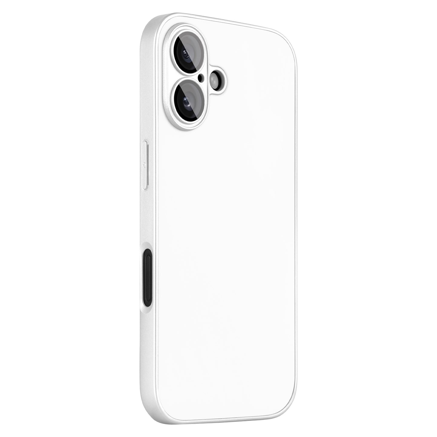 Das arktis iPhone 16 Tech Case aus stoßdämpfendem TPU-Silikon ist schräg auf weißem Hintergrund abgebildet und verfügt über präzise Aussparungen für die beiden Rückkameras, den Blitz, die Seitentaste und den Ladeanschluss.