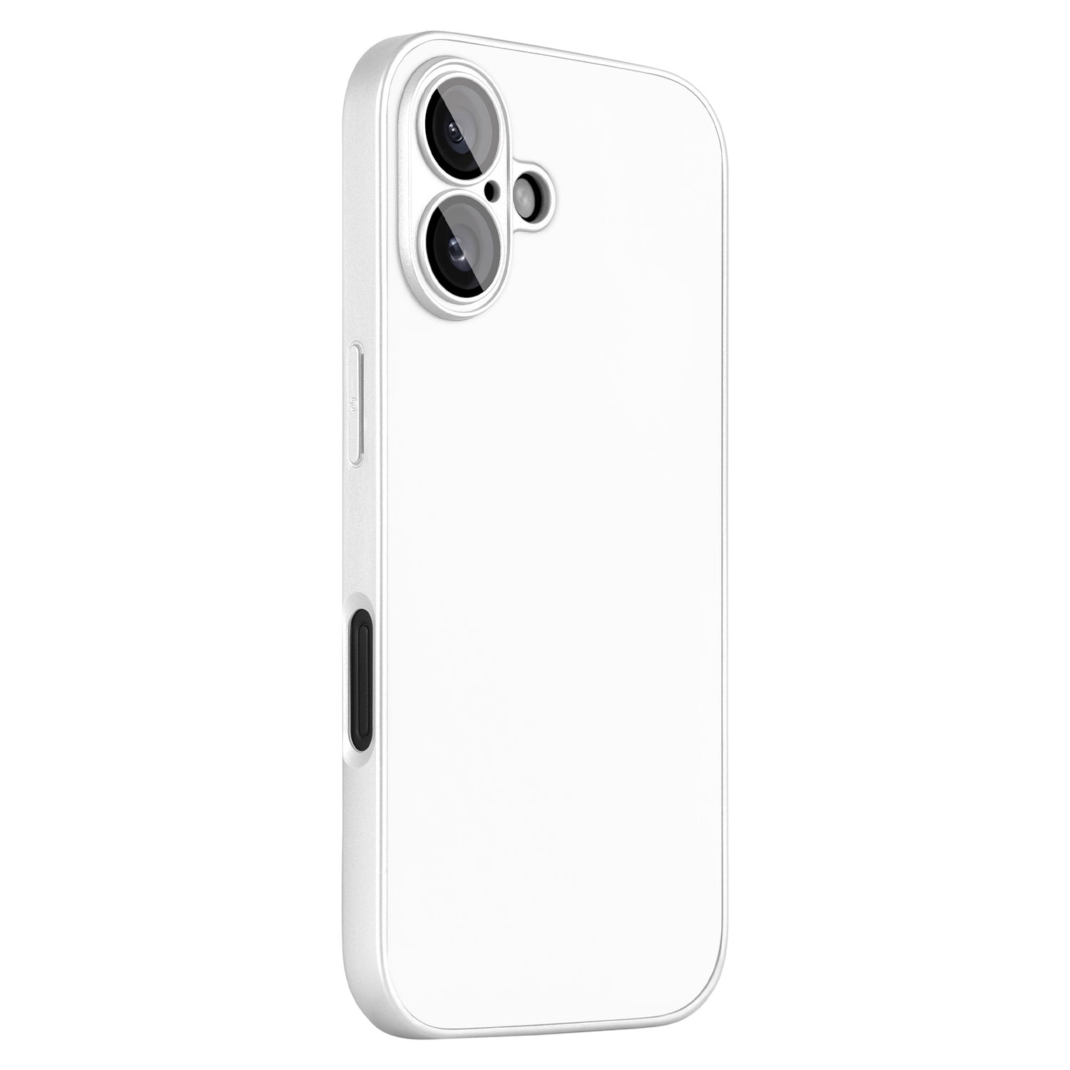 Das arktis iPhone 16 Tech Case aus stoßdämpfendem TPU-Silikon ist schräg auf weißem Hintergrund abgebildet und verfügt über präzise Aussparungen für die beiden Rückkameras, den Blitz, die Seitentaste und den Ladeanschluss.