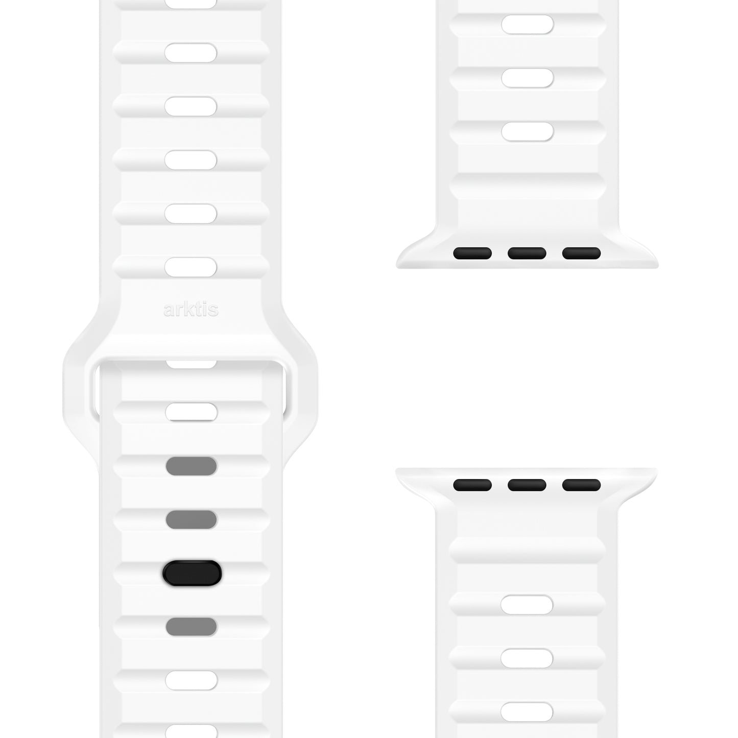 Nahaufnahme eines Arktisband-Silikonarmbands „Active“ für die Apple Watch in Weiß mit gerippter Textur, rechteckigen Kerben in Schwarz und Grau, Anschlüssen an beiden Enden und verbesserter Atmungsaktivität für angenehmen Tragekomfort.