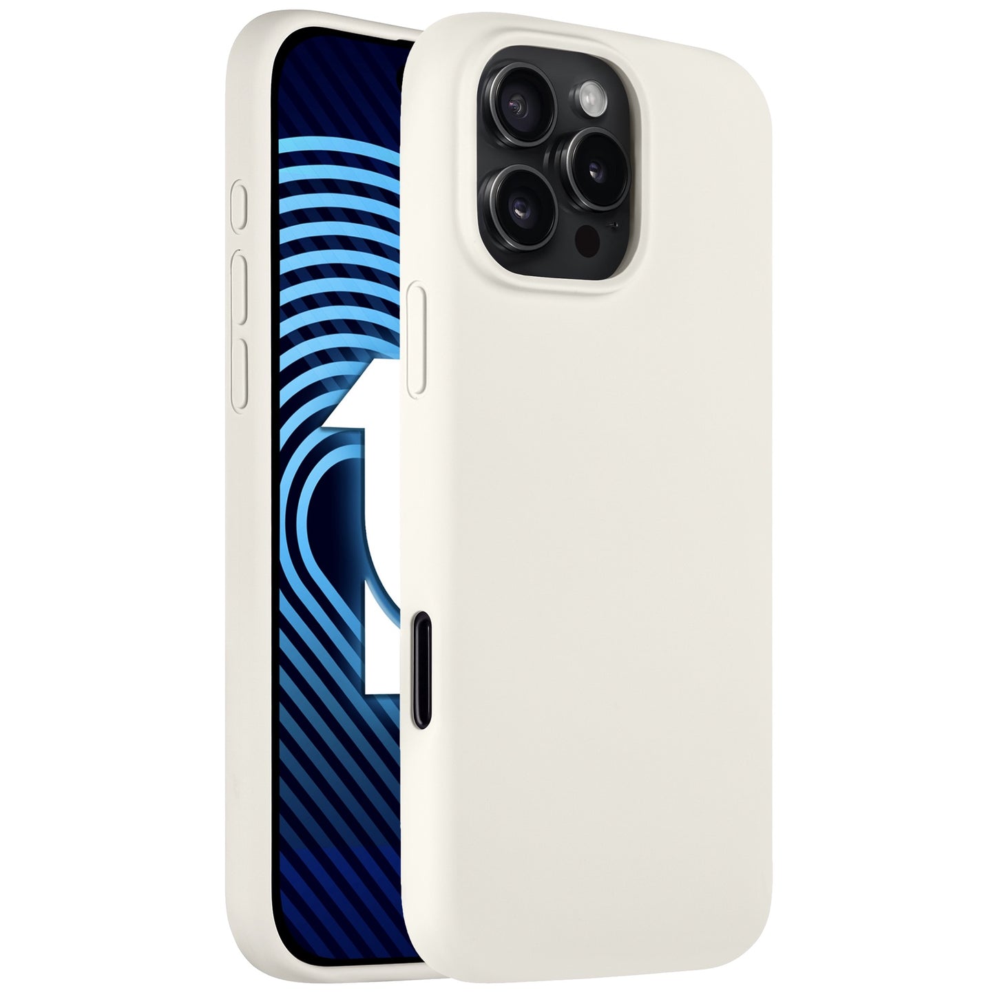 Das Arktis iPhone 16 Pro Silikon Case von Arktis ist hochkant auf einem iPhone 16 Pro abgebildet. Auf dem Display ist ein blau-schwarzes geometrisches Muster mit der weißen Ziffer 1 zu sehen, während auf der Rückseite das Kameramodul sichtbar ist.