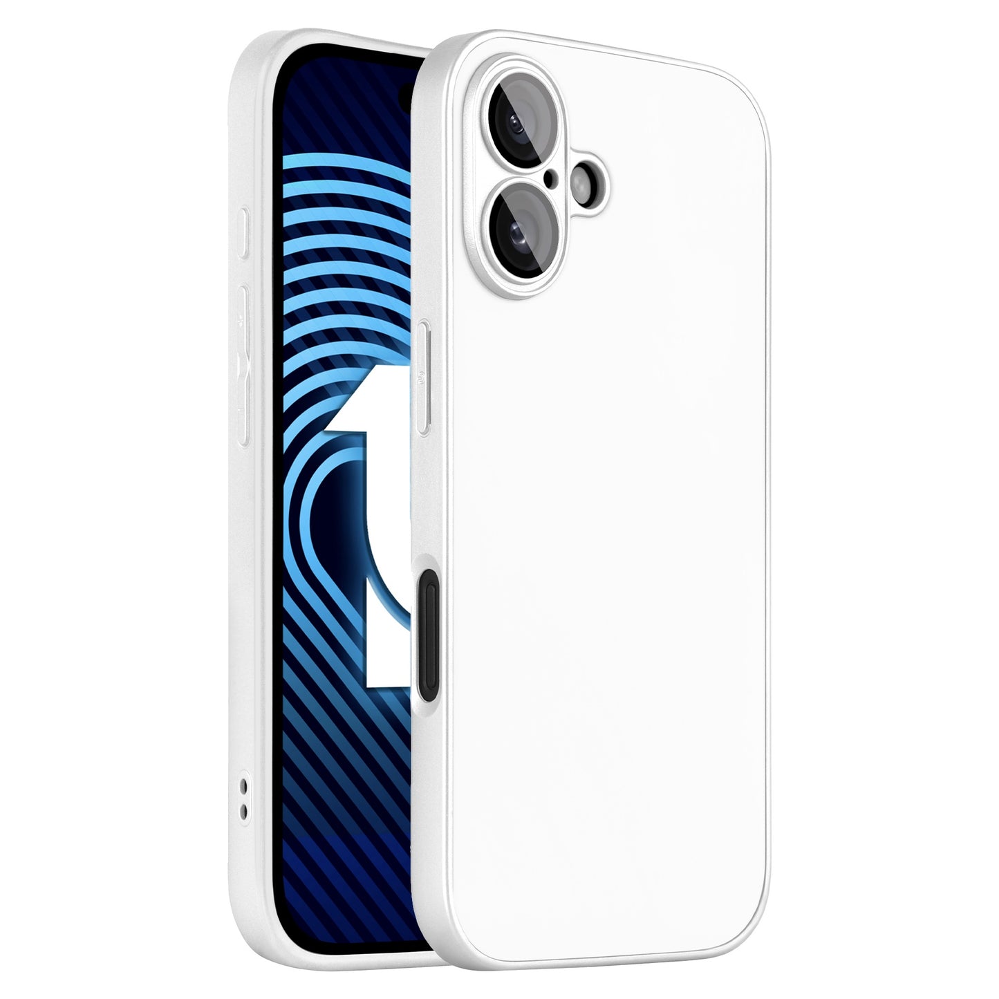 Auf einem Smartphone ist ein weißes Arktis iPhone 16 Tech Case von Arktis abgebildet. Die Hülle besteht aus stoßdämpfendem TPU-Silikon. Auf dem Display sind blau-schwarze konzentrische Kreise mit einem Pfeil zu sehen. Auf der Rückseite befinden sich zwei Kameralinsen und ein Blitz.