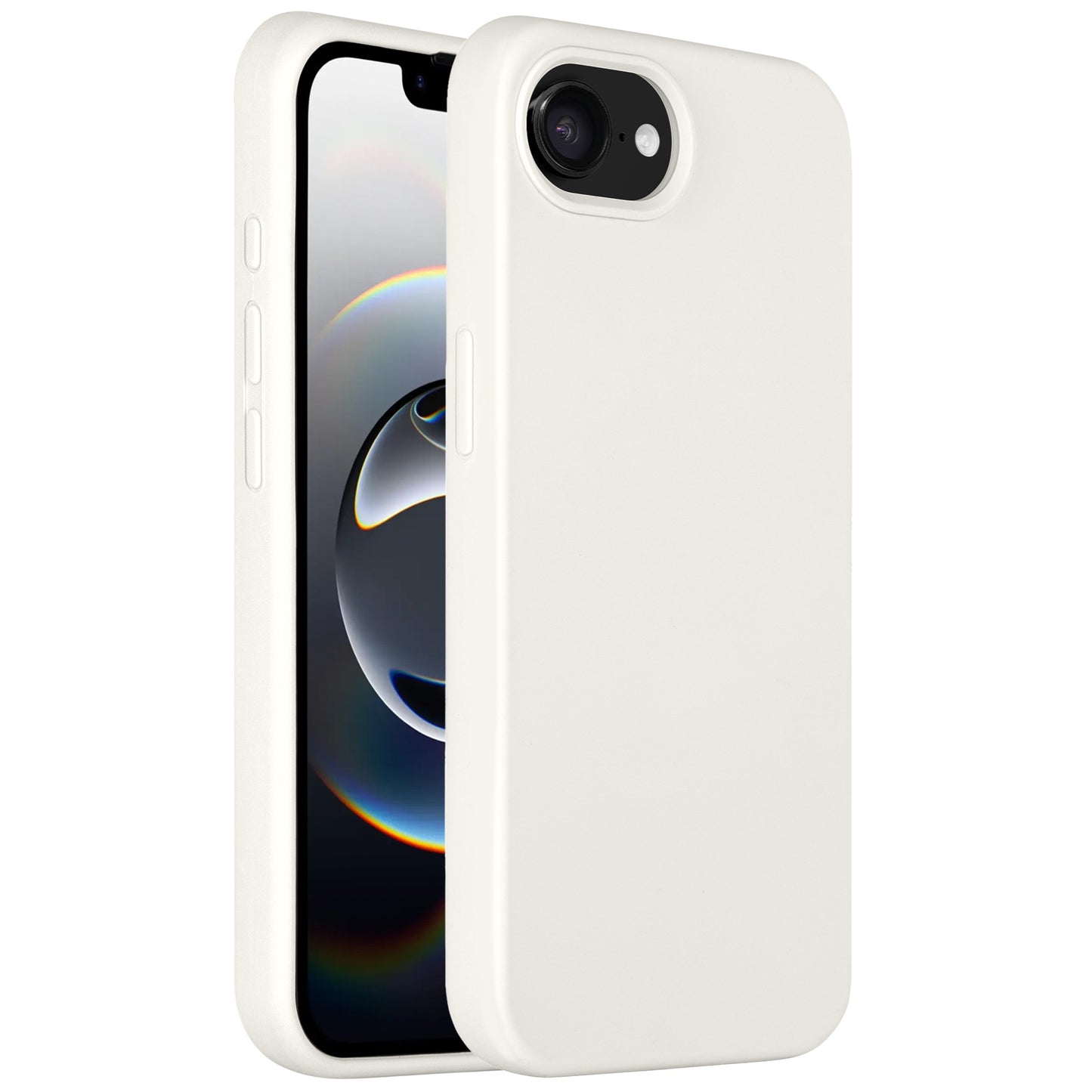 Arktis iPhone 16e Silikonhülle von Arktis mit Mikrofaser-Innenfutter, abgebildet auf einem Telefon, bei dem sowohl der Bildschirm als auch die Rückkamera vor einem schlichten Hintergrund sichtbar sind.