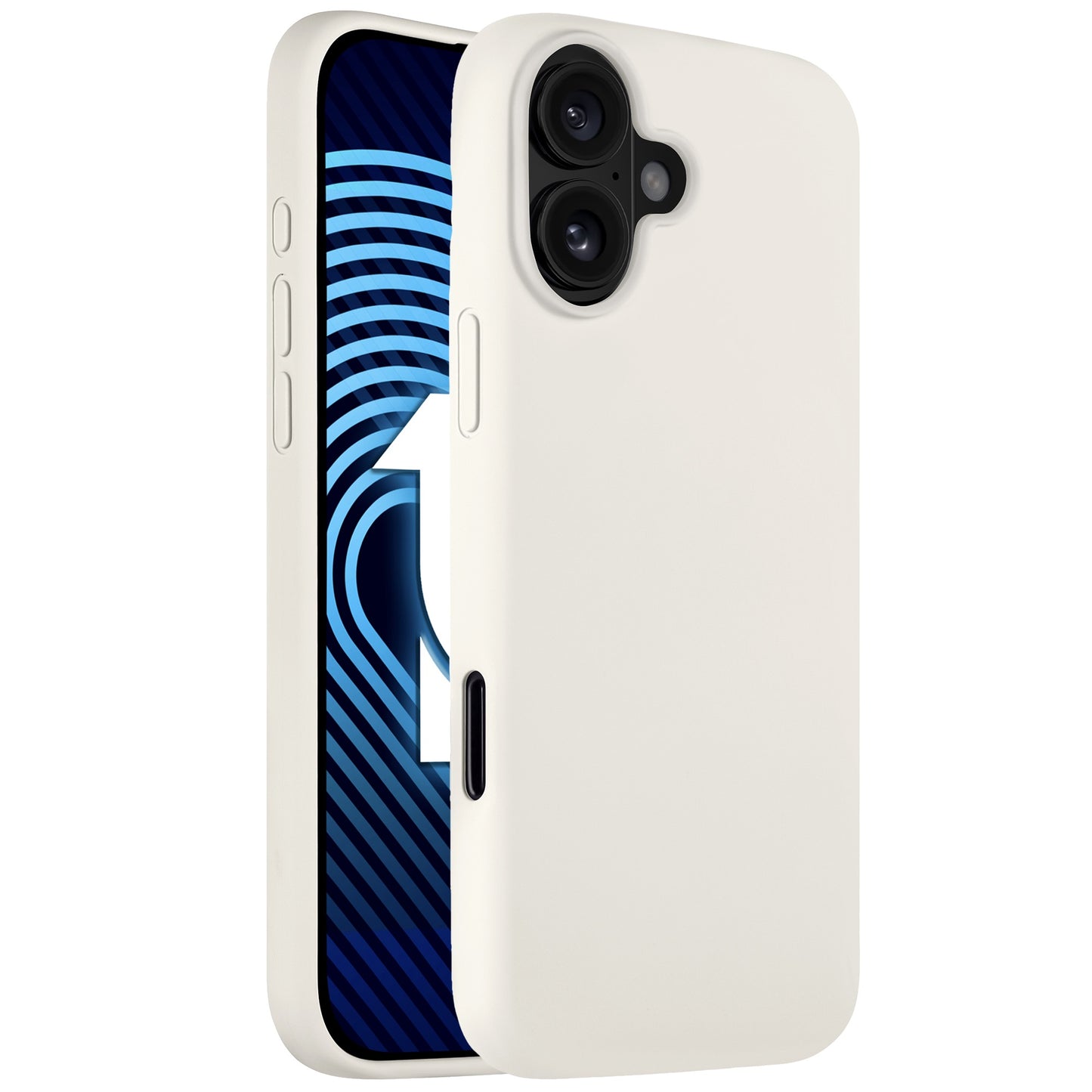 Das arktis iPhone Air Silikon Case in Weiß wird auf einem Smartphone von hinten und vorne mit einem blauen abstrakten Hintergrundbild gezeigt, kompatibel mit kabellosem Laden.