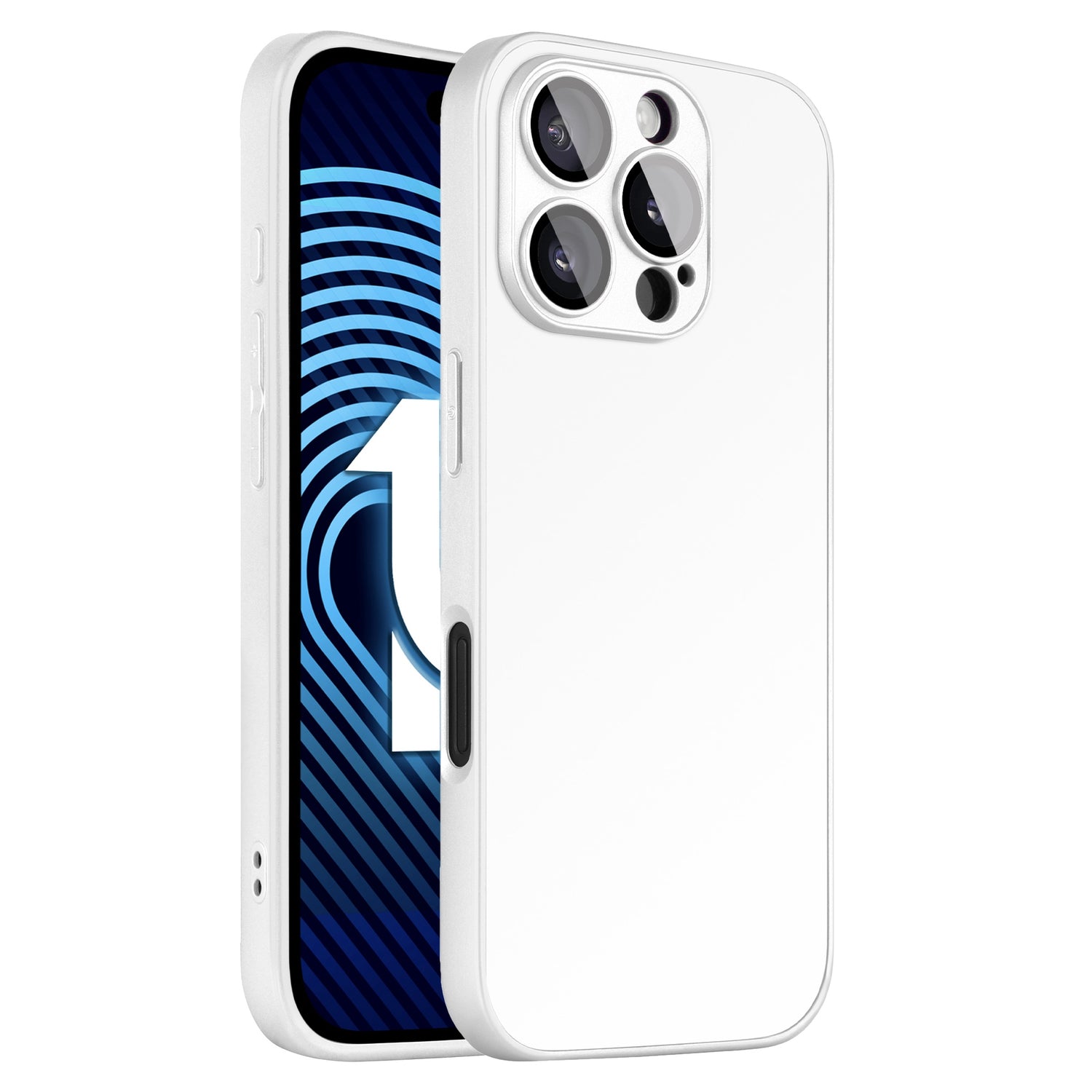 Ein Arktis iPhone 16 Pro Max Tech Case in Weiß umhüllt ein Smartphone mit drei Rückkameras, das aufrecht steht und seinen schwarz-blauen Bildschirm mit einem weißen Pfeil nach oben zeigt, der sowohl die Vorder- als auch die Rückseite zeigt.