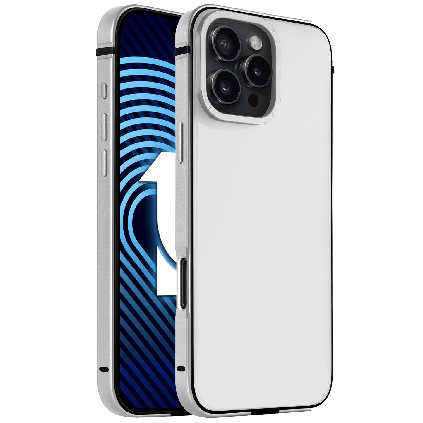 Eine weiße arktis iPhone 16 Pro Hülle Avantgarde von arktis mit Aluminiumrahmen und Anti-Fingerabdruck-Rückplatte, abgebildet auf Vorder- und Rückseite eines Smartphones mit mehreren Rückkameras.