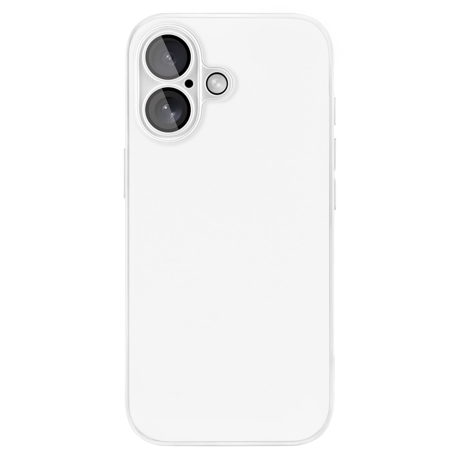 Ein arktis iPhone 16 Tech Case von arktis schützt ein weißes Smartphone mit Doppelkamera und Blitz, von der Rückseite auf weißem Hintergrund abgebildet, mit stoßdämpfendem TPU-Silikon und AG-Glas für verbesserte Haltbarkeit.