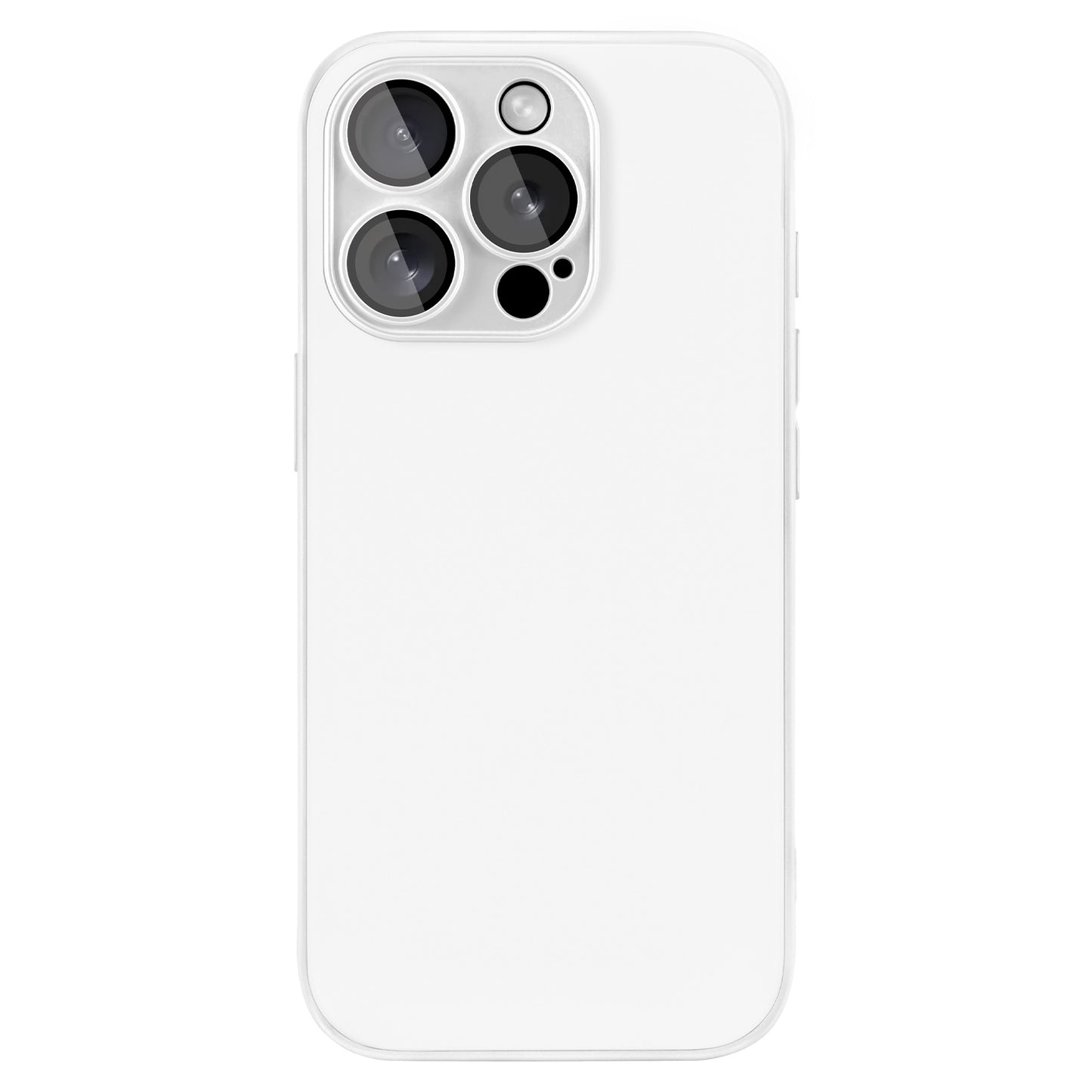 Das arktis iPhone 16 Pro Tech Case aus stoßdämpfendem TPU-Silikon schützt ein weißes Smartphone mit drei Kameras auf der Rückseite und einem quadratischen Blitz oben links. Die Rückseite des Telefons ist vor einem weißen Hintergrund abgebildet.